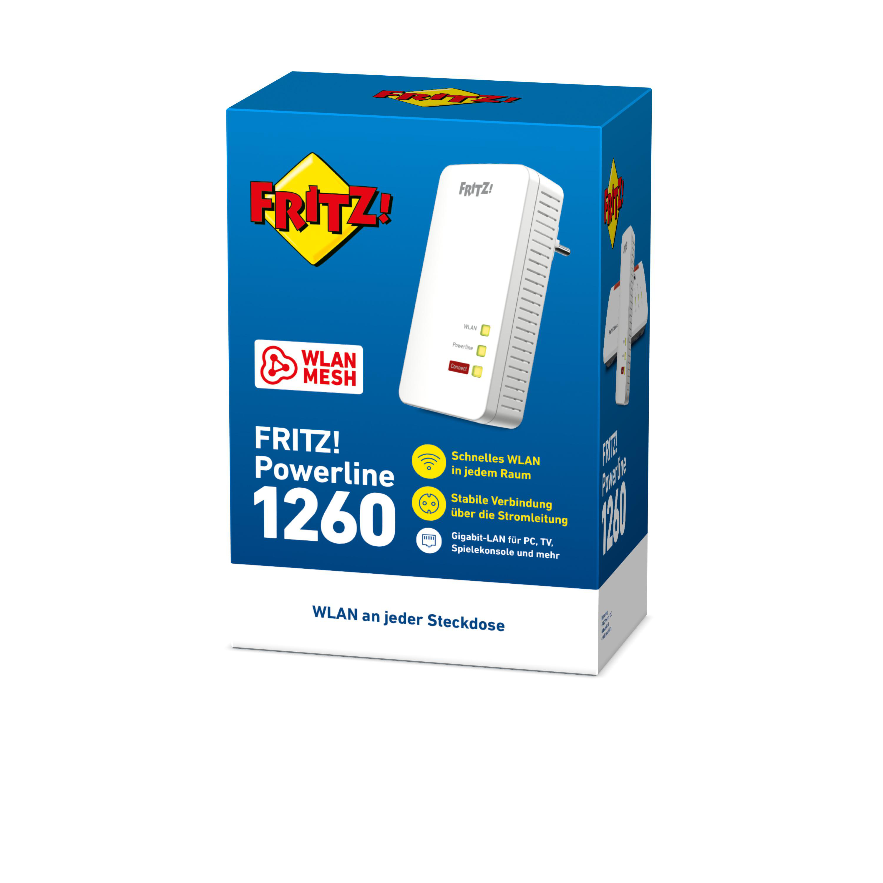 Ein weißer FRITZ! Powerline 1260-Karton mit einem weißen Extender. Es zeigt den Produktnamen und die Funktionen.