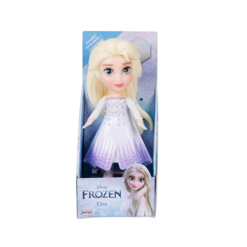 Elsa-Puppe in der Box. Sie trägt ein weißes und lila Kleid. Die Box hat das Disney Frozen Logo.