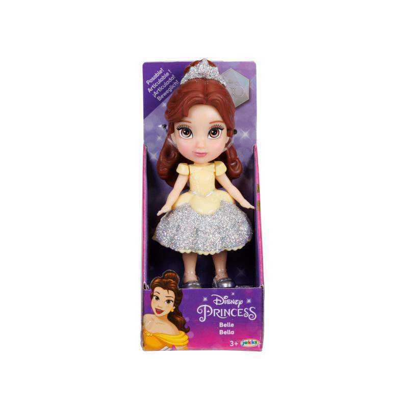 Disney Prinzessin Belle Puppe in Verpackung. Puppe trägt ein gelbes Kleid mit silbernem Rock. Die Box ist pink.