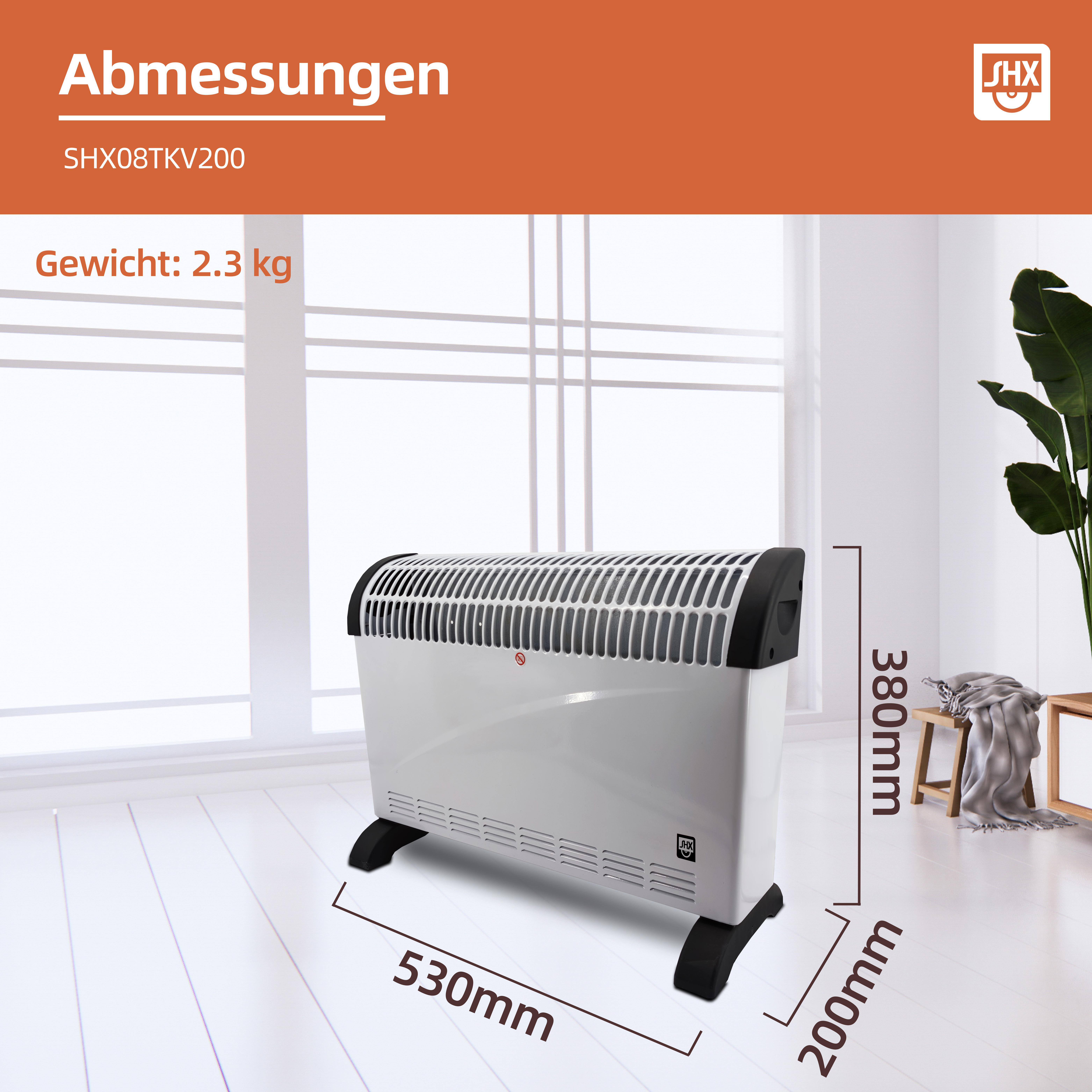Ein weiß-schwarzer Elektroheizer mit Maßen. Es steht in einem Raum am Fenster.