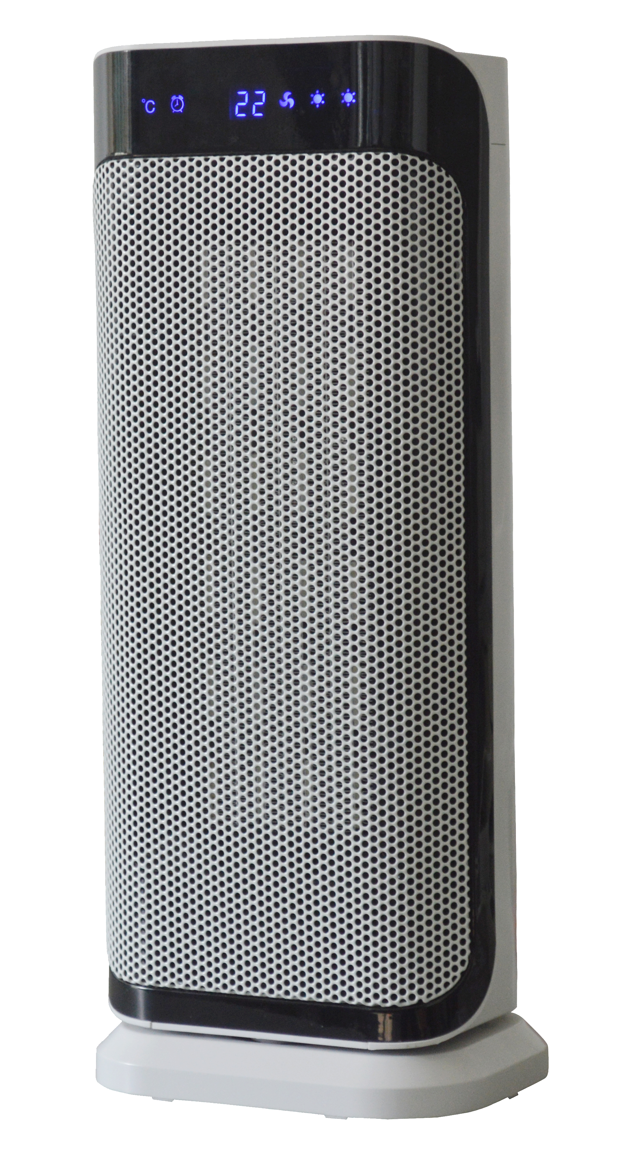 Weiß-schwarzer Turmheizkörper mit Digitalanzeige. Es hat eine perforierte Front.