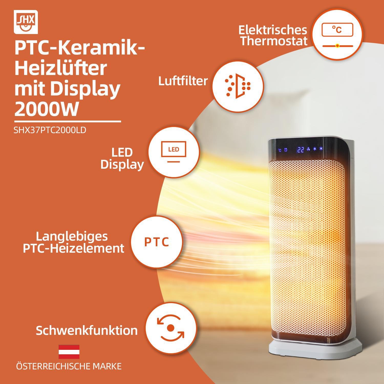 Ein weiß-schwarzer Heizlüfter mit Textbeschriftungen seiner Funktionen.