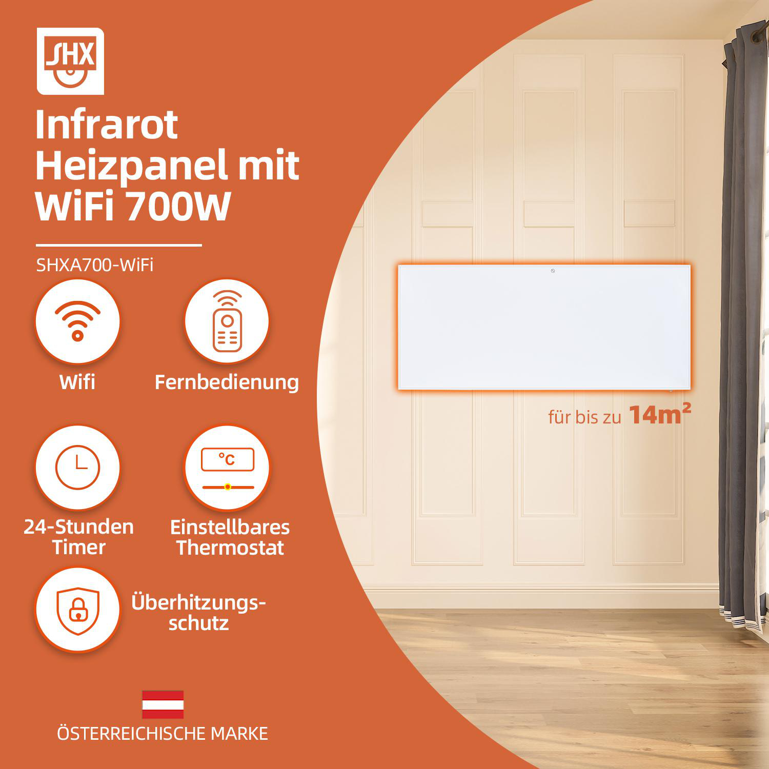 Weißer Infrarotheizkörper mit WLAN, Fernbedienung, Timer, Thermostat und Überhitzungsschutz.