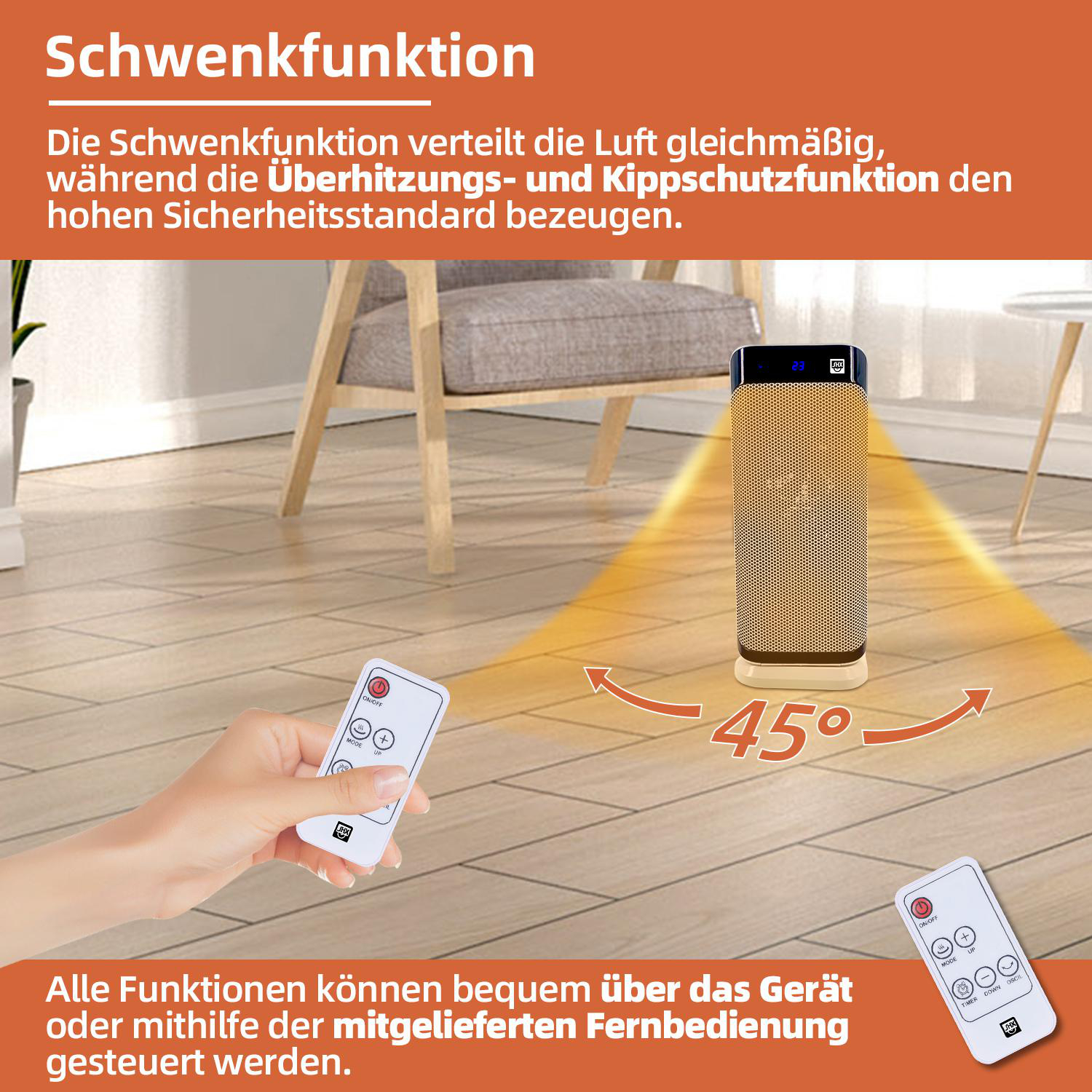 Heizgerät mit Fernbedienung, 45-Grad-Winkel, auf Holzboden.