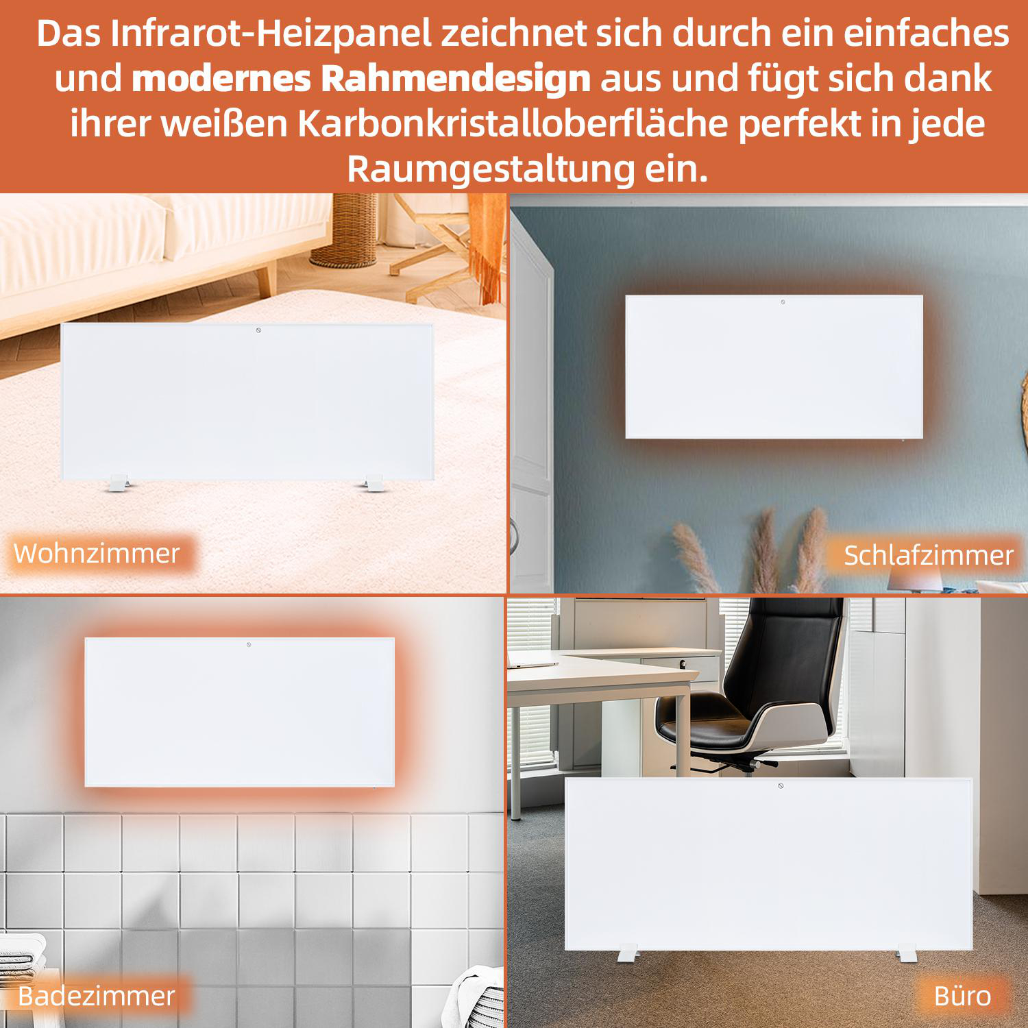 Vier Ansichten weißer rechteckiger Infrarot-Heizpaneele in verschiedenen Räumen: Wohnzimmer, Schlafzimmer, Bad, Büro.