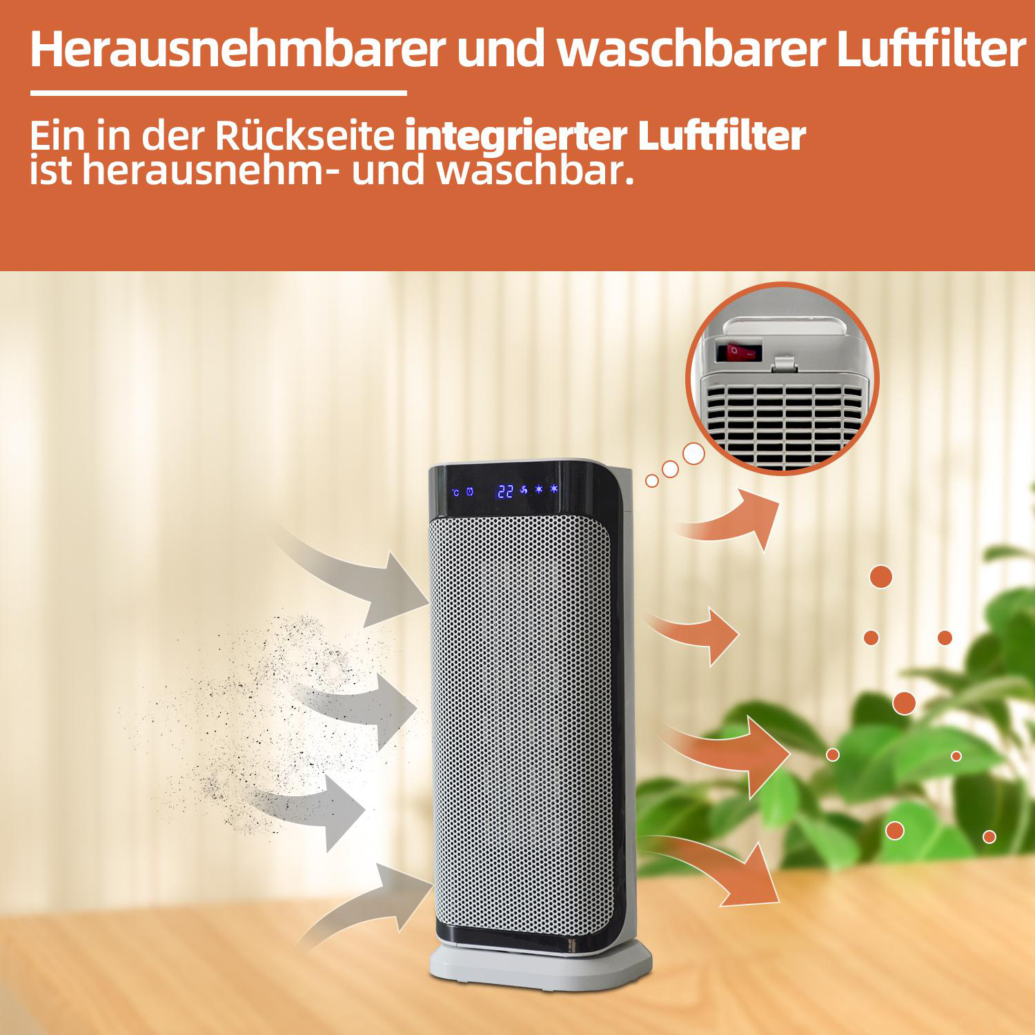 Luftreiniger mit Pfeilen, die den Luftstrom zeigen. Der Luftreiniger ist schwarz, der Hintergrund unscharf.
