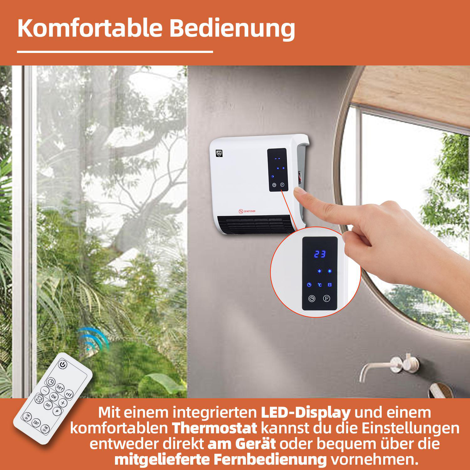Hand stellt Einstellungen an einem weißen Wandheizgerät mit Fernbedienung ein.