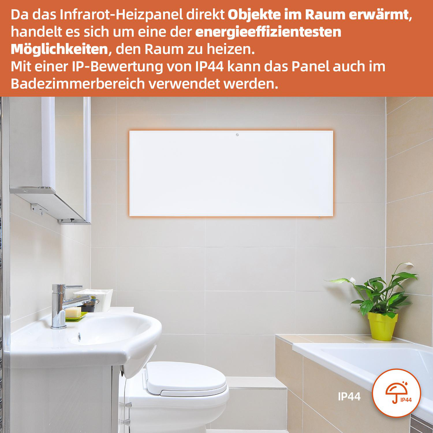 Ein weißes Infrarot-Heizpaneel in einem Badezimmer.