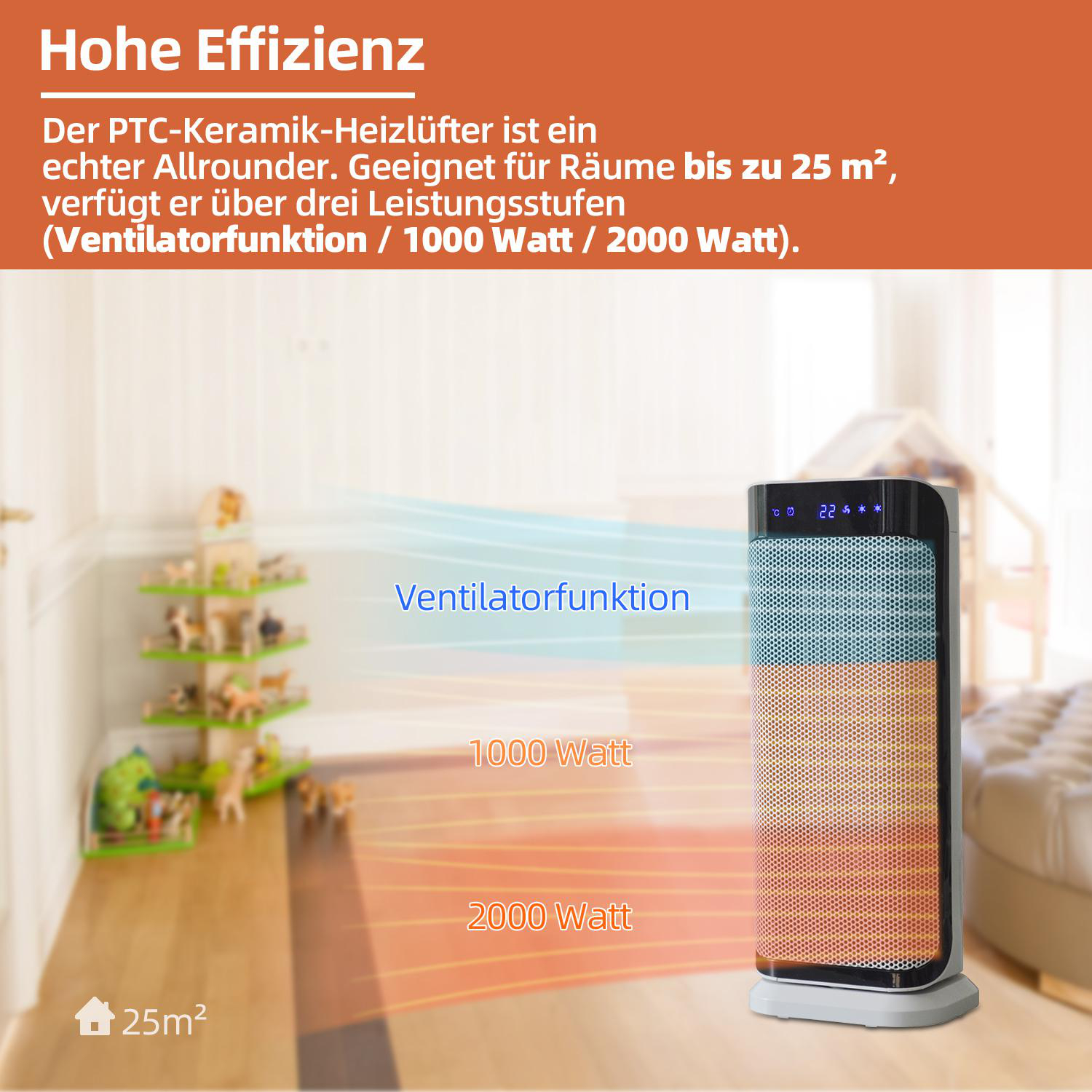 Ein Heizgerät mit drei Leistungsstufen, dargestellt in einem Raum mit Holzboden und einer Pflanze.