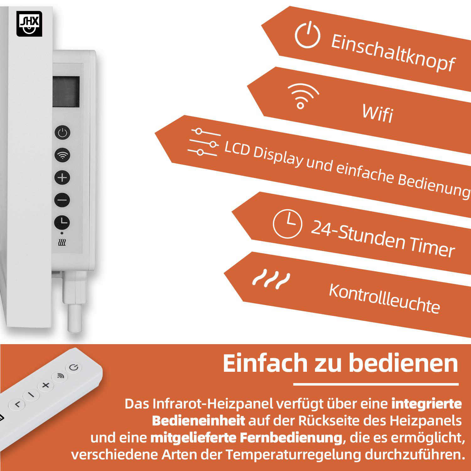 Weisse Heizung mit Beschriftungen. Eine Fernbedienung und deutscher Text sind sichtbar.