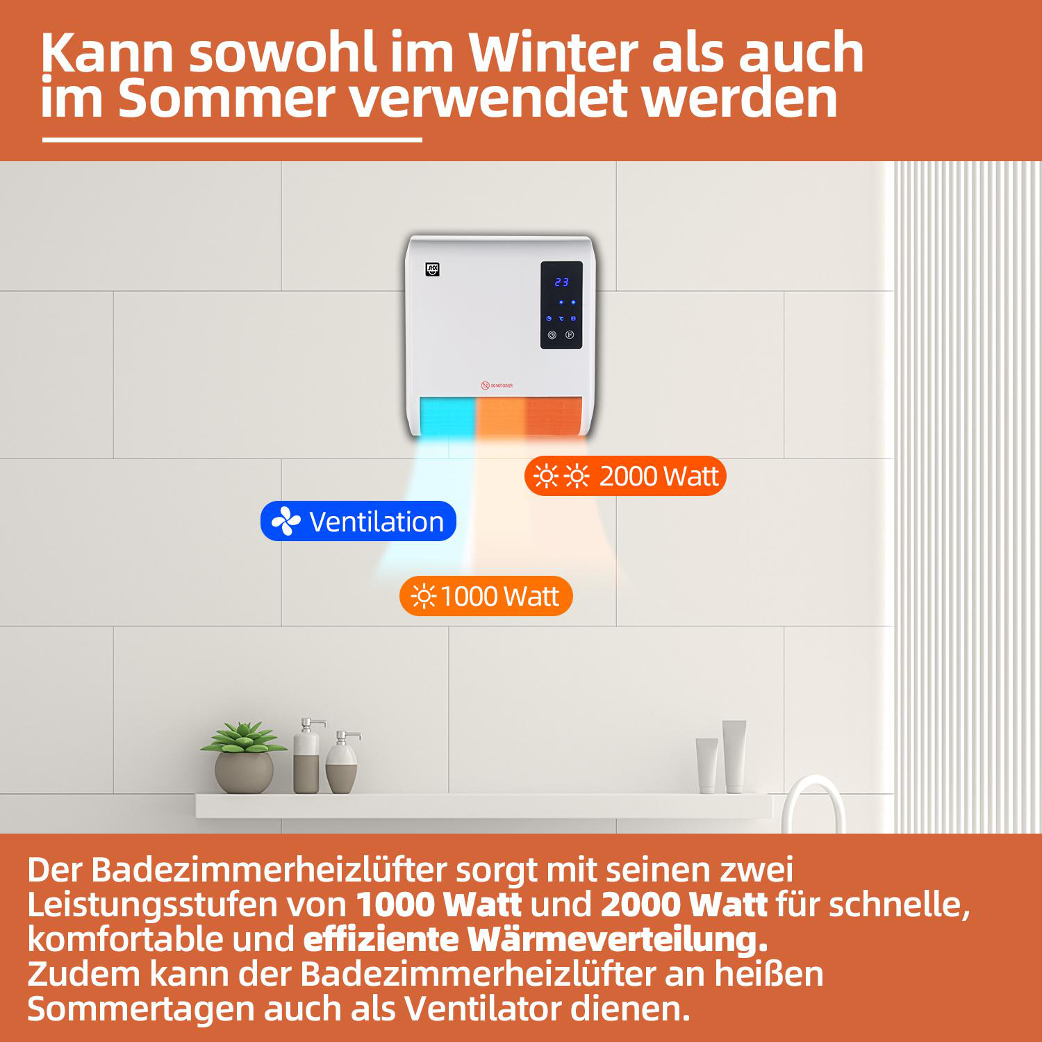 Ein Badezimmerheizer mit Lüftungs- und Heizeinstellungen, Text besagt, dass er im Winter und Sommer verwendet werden kann.