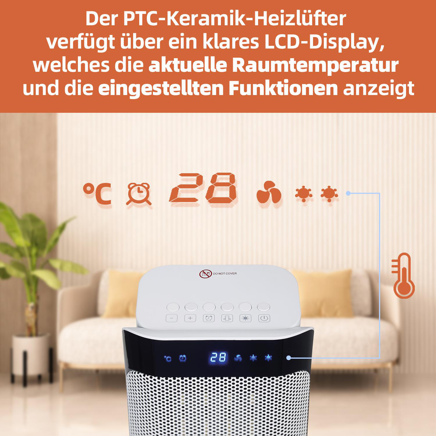 Ein Display eines Heizgeräts, das Temperatur und Einstellungen zeigt. Das Heizgerät ist weiß und schwarz.