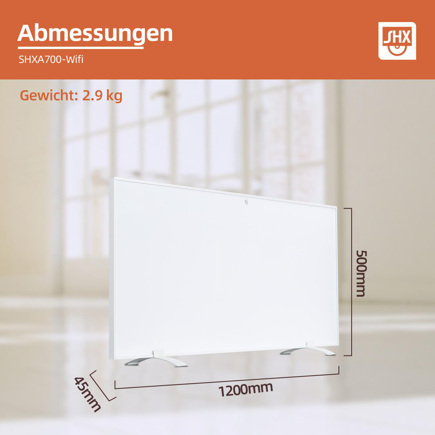 Weißer Heizkörper mit Anzeige von Abmessungen und Gewicht.