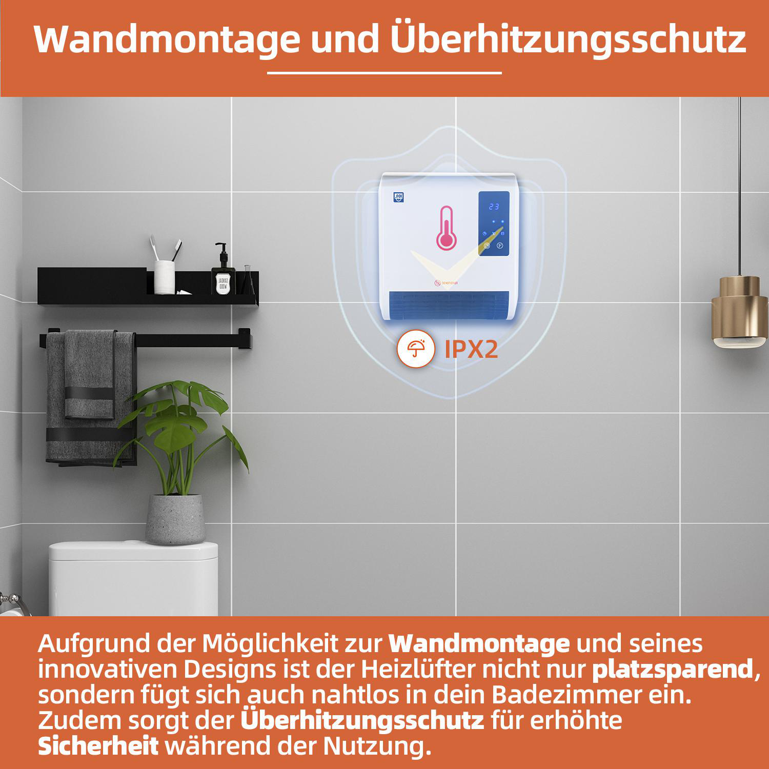 Badezimmerwand mit Heizung. Heizung mit Digitalanzeige und IPX2-Schutzart. Waschbecken und Handtücher.