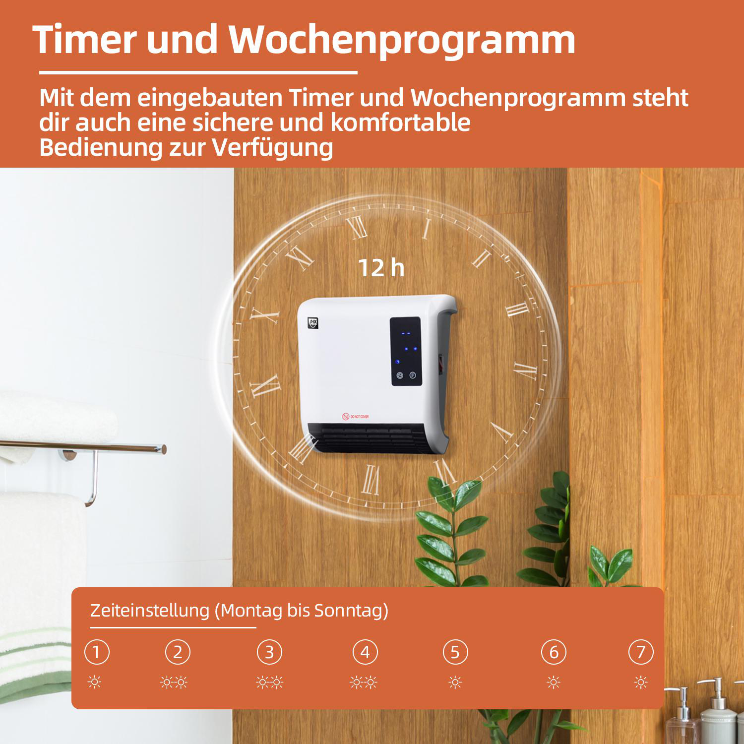 Ein weißer Heizkörper an einer Wand mit Timer-Anzeige, umgeben von Text und einer Pflanze.