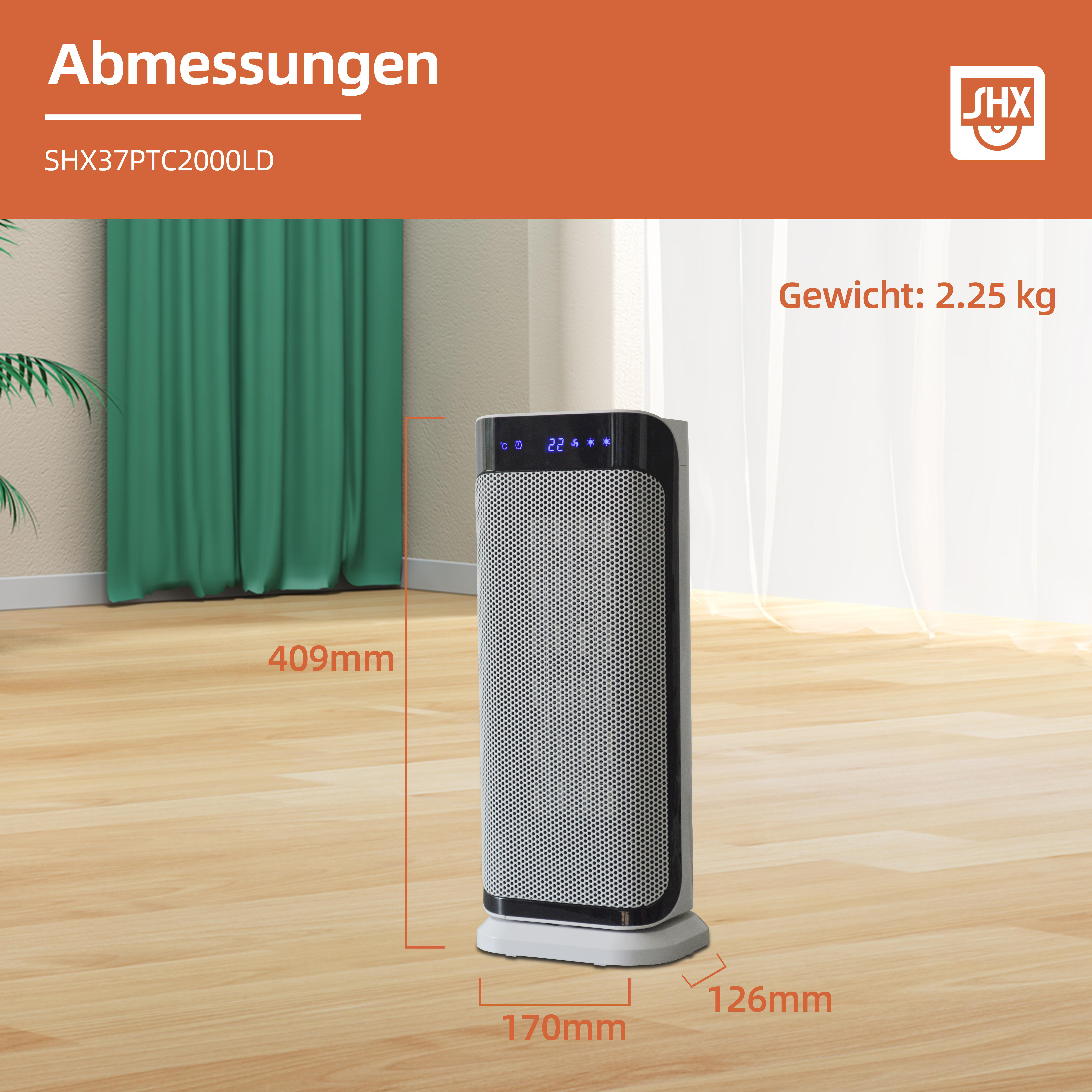 Ein weißer Turmheizkörper mit Anzeige, die Abmessungen und Gewicht zeigt.