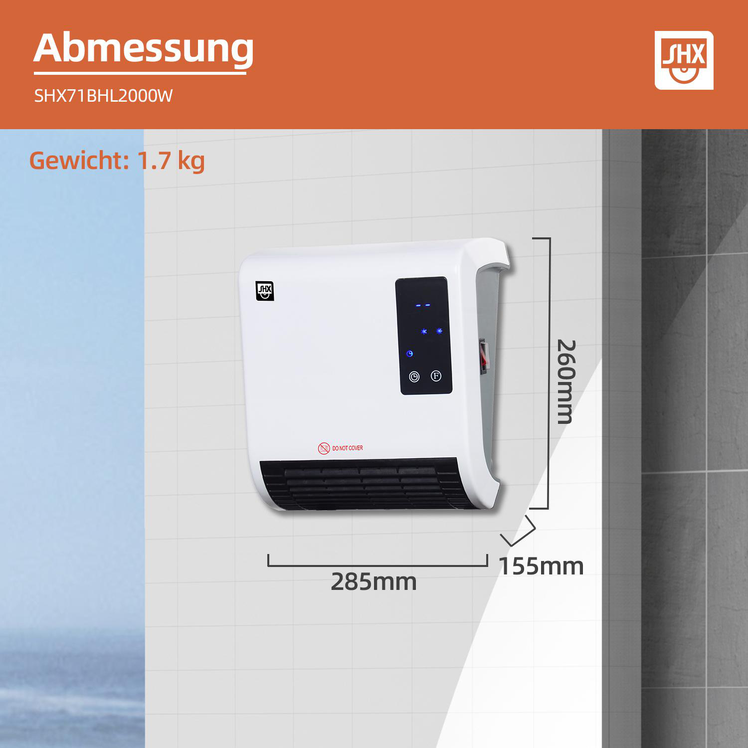 Weißer Elektroheizer mit Abmessungen und Logo vor gekachelter Wand.