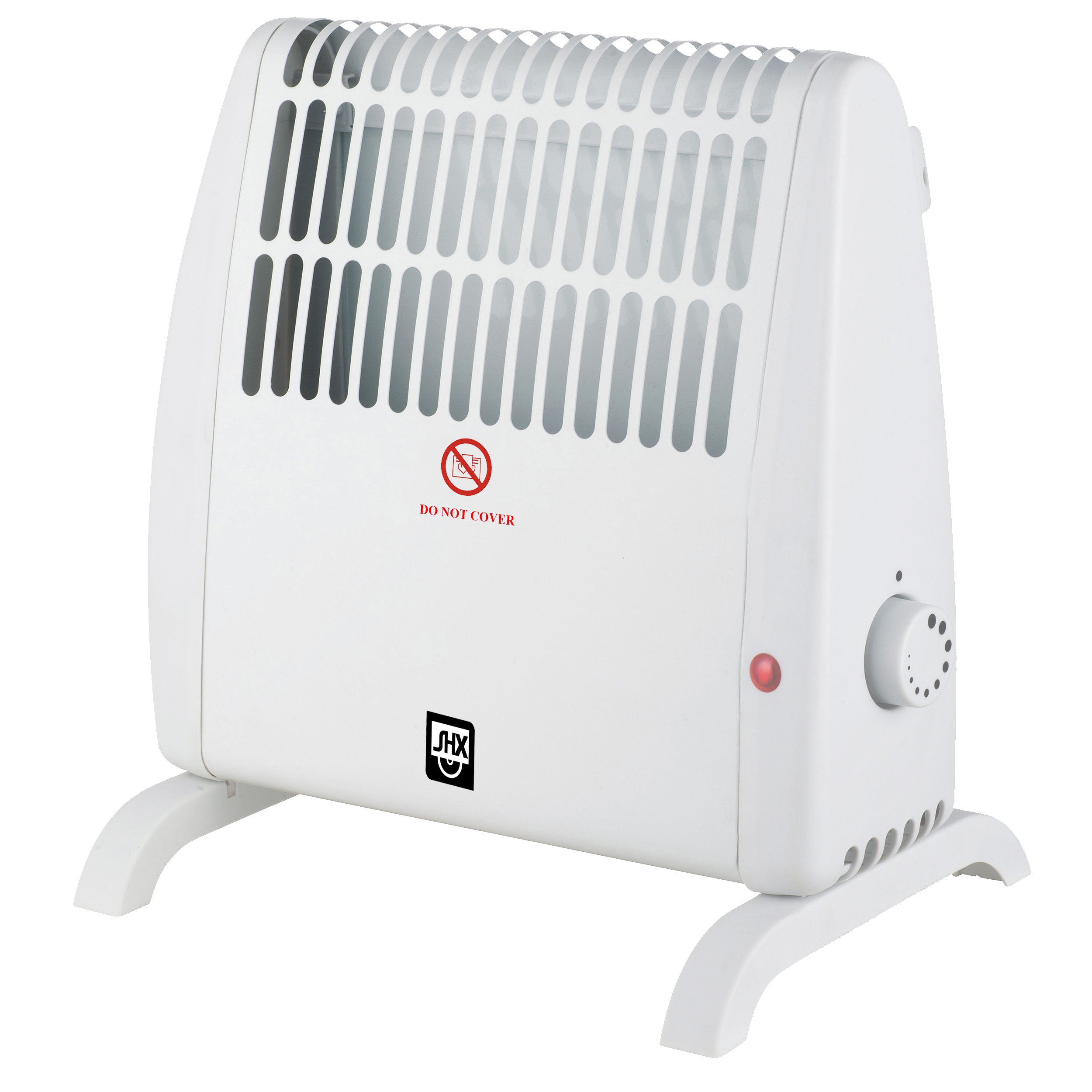 Weißer Heizlüfter mit roter Kontrollleuchte und Drehknopf.