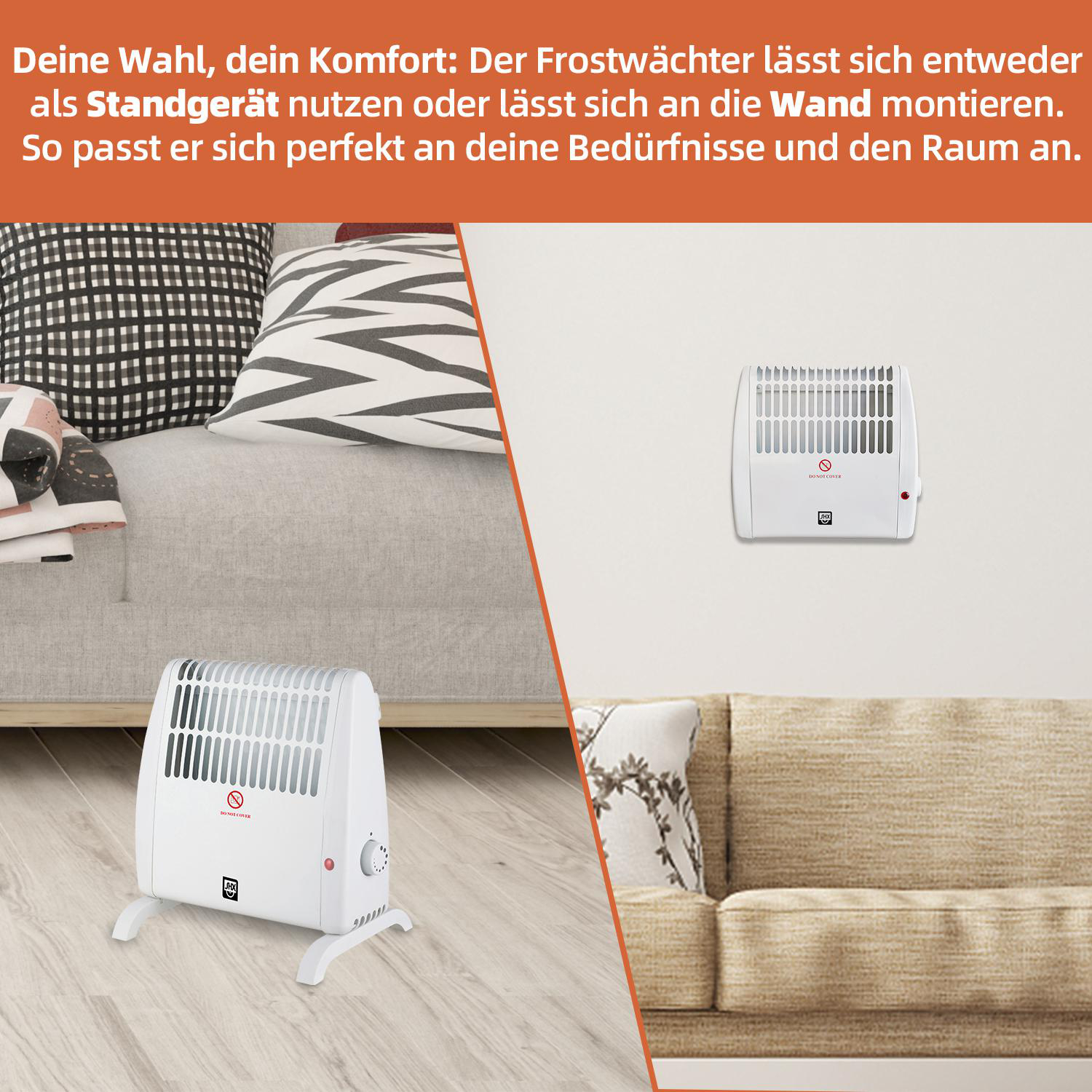 Zwei weiße Heizungen, eine auf dem Boden, eine an der Wand. Graues Sofa und beige Wand.