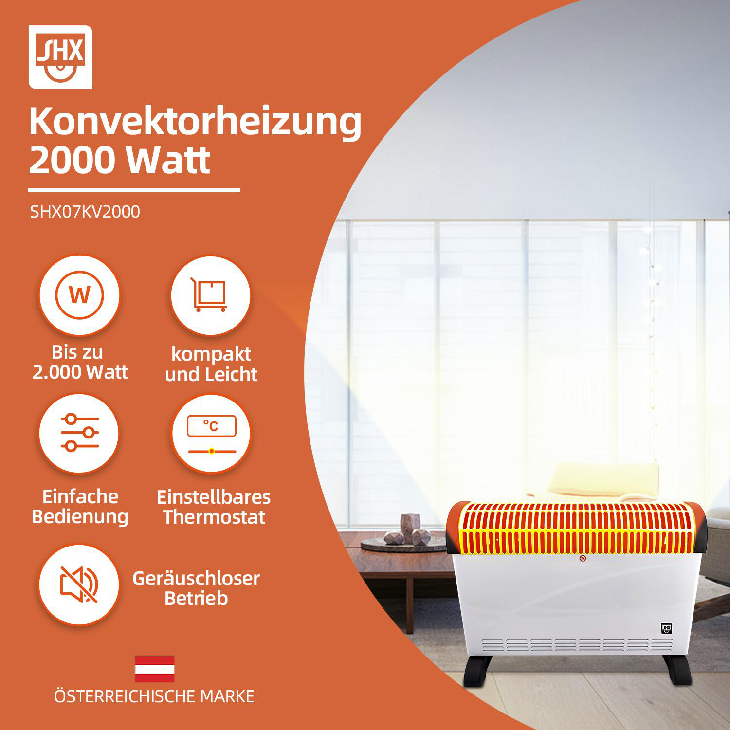 Werbung für einen SHX Konvektorheizkörper, mit Symbolen und Text auf Deutsch.