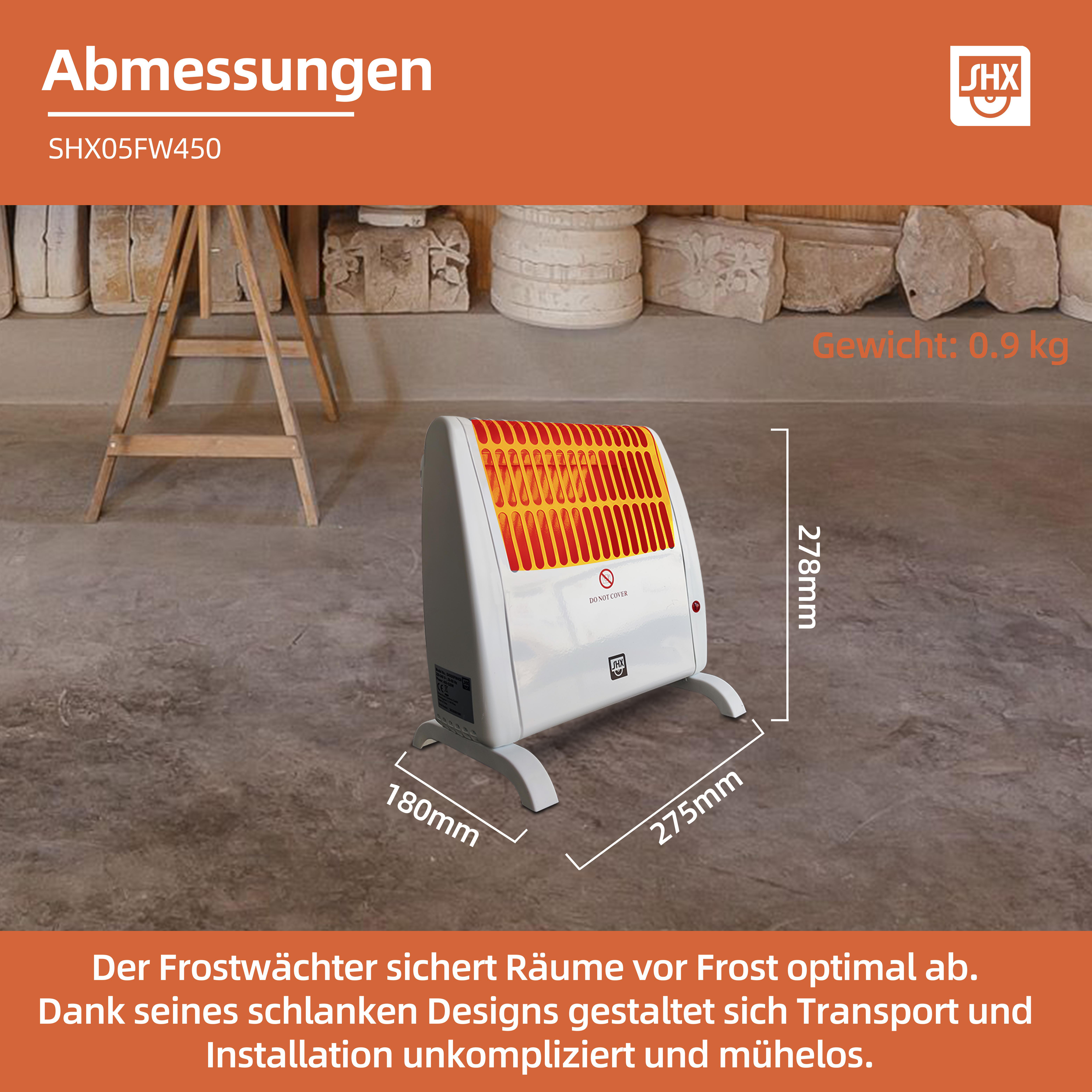 Ein weißer Heizlüfter mit rotem Paneel, Abmessungen und Gewicht werden angezeigt.