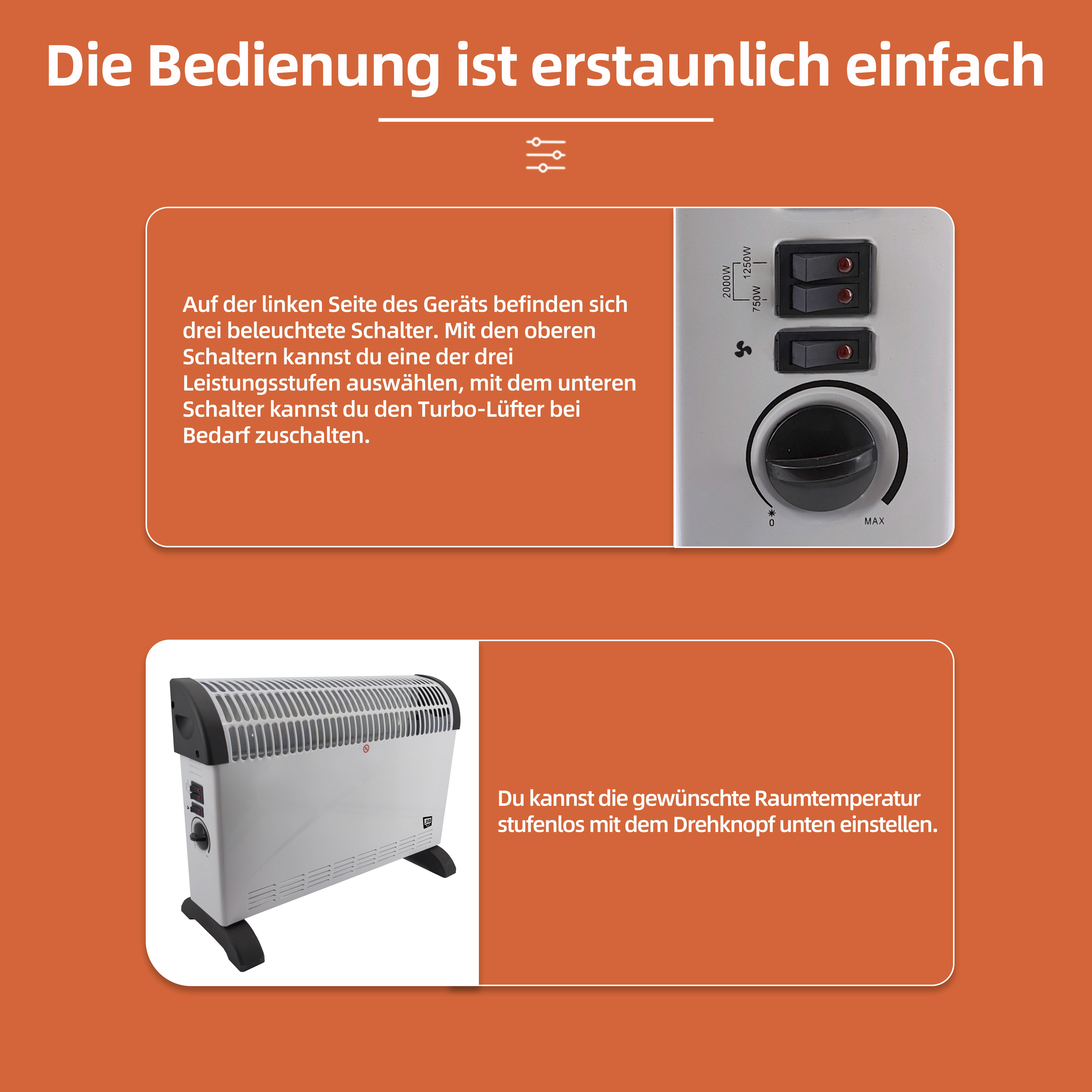 Ein Bild zeigt Bedienelemente eines Heizgeräts und Details zu dessen Betrieb.