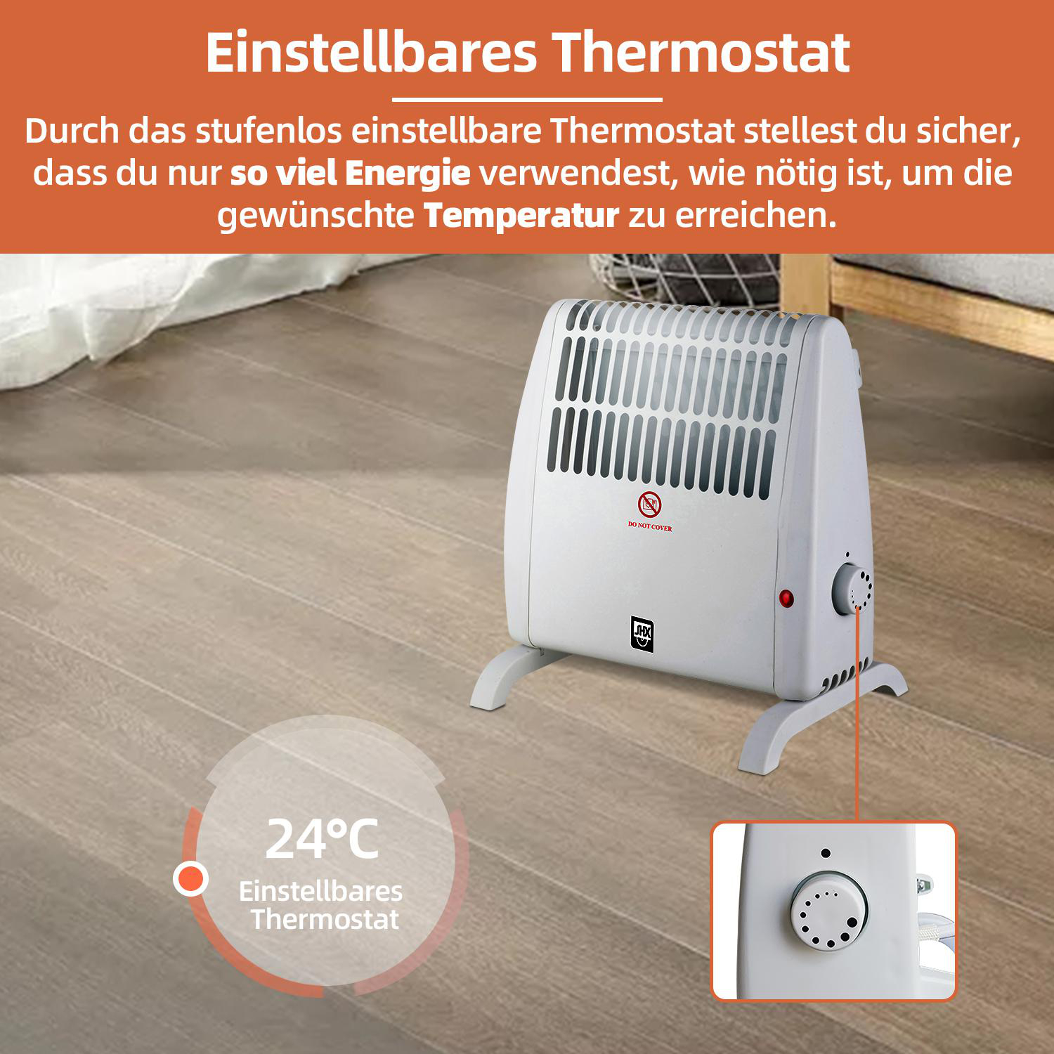 Ein Elektroheizer auf einem Holzboden mit Text über seine einstellbare Thermostatfunktion.