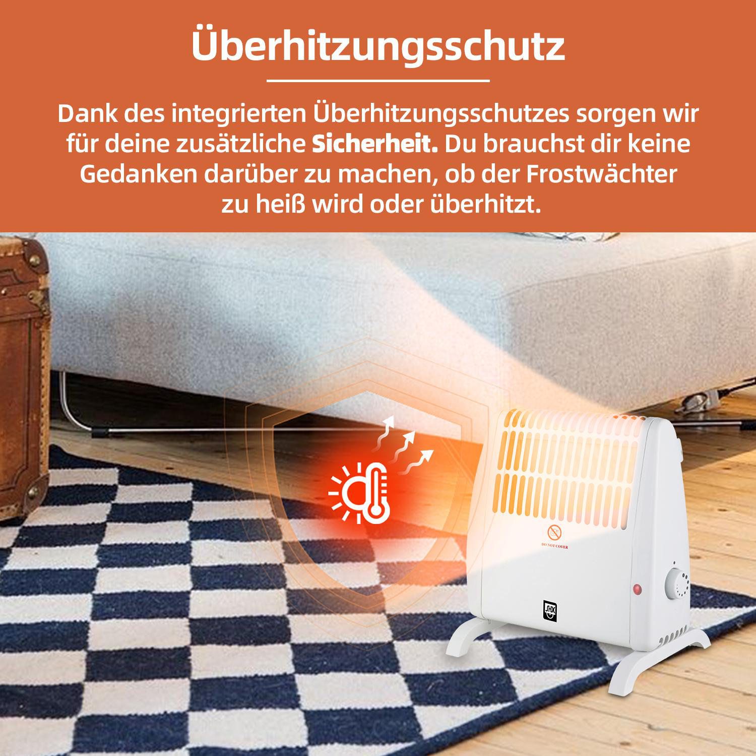 Ein weißer Heizlüfter auf einem karierten Teppich mit einem Warnschild.