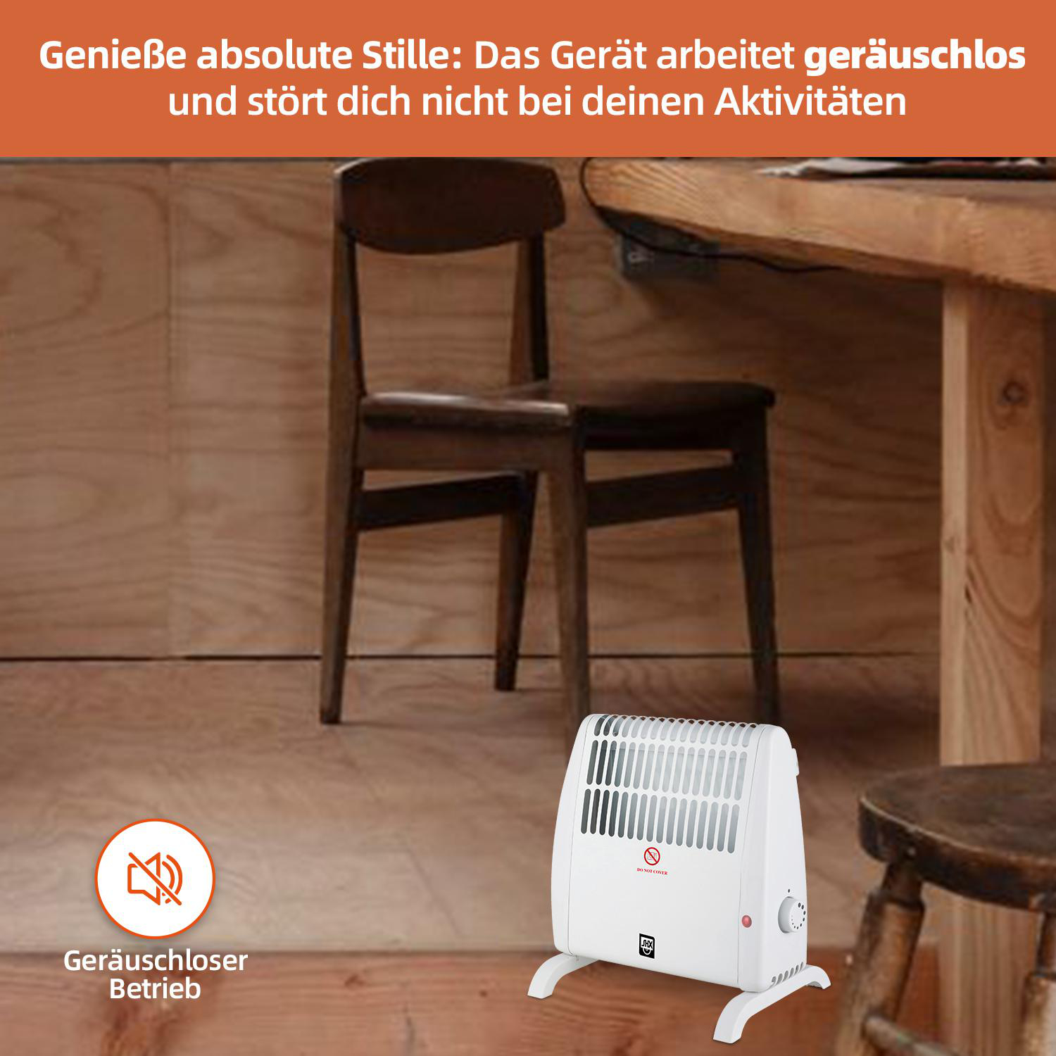 Ein weißer Heizlüfter neben einem Holztisch und einem Stuhl.