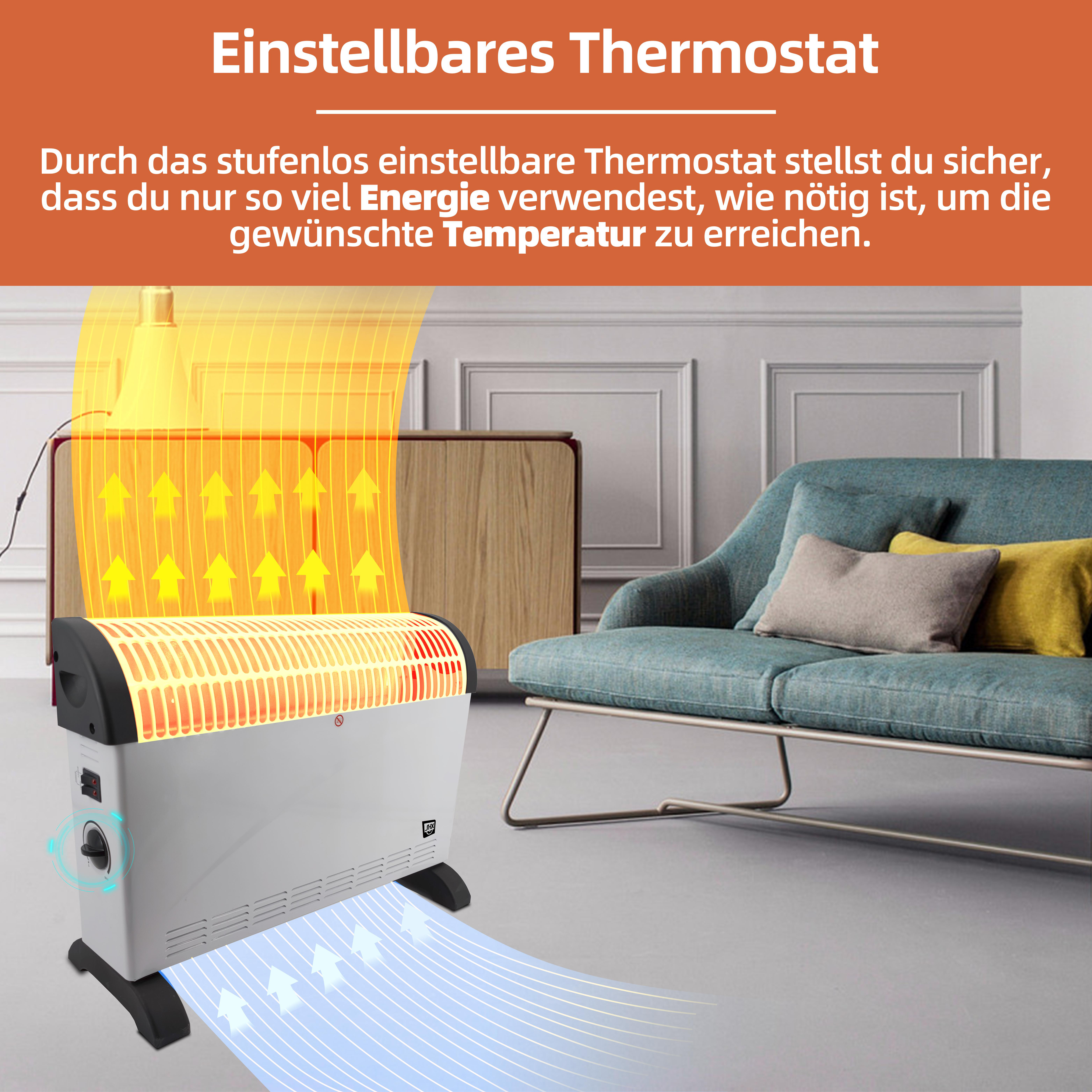 Heizlüfter mit gelben Pfeilen, die Wärme anzeigen, und Sofa.