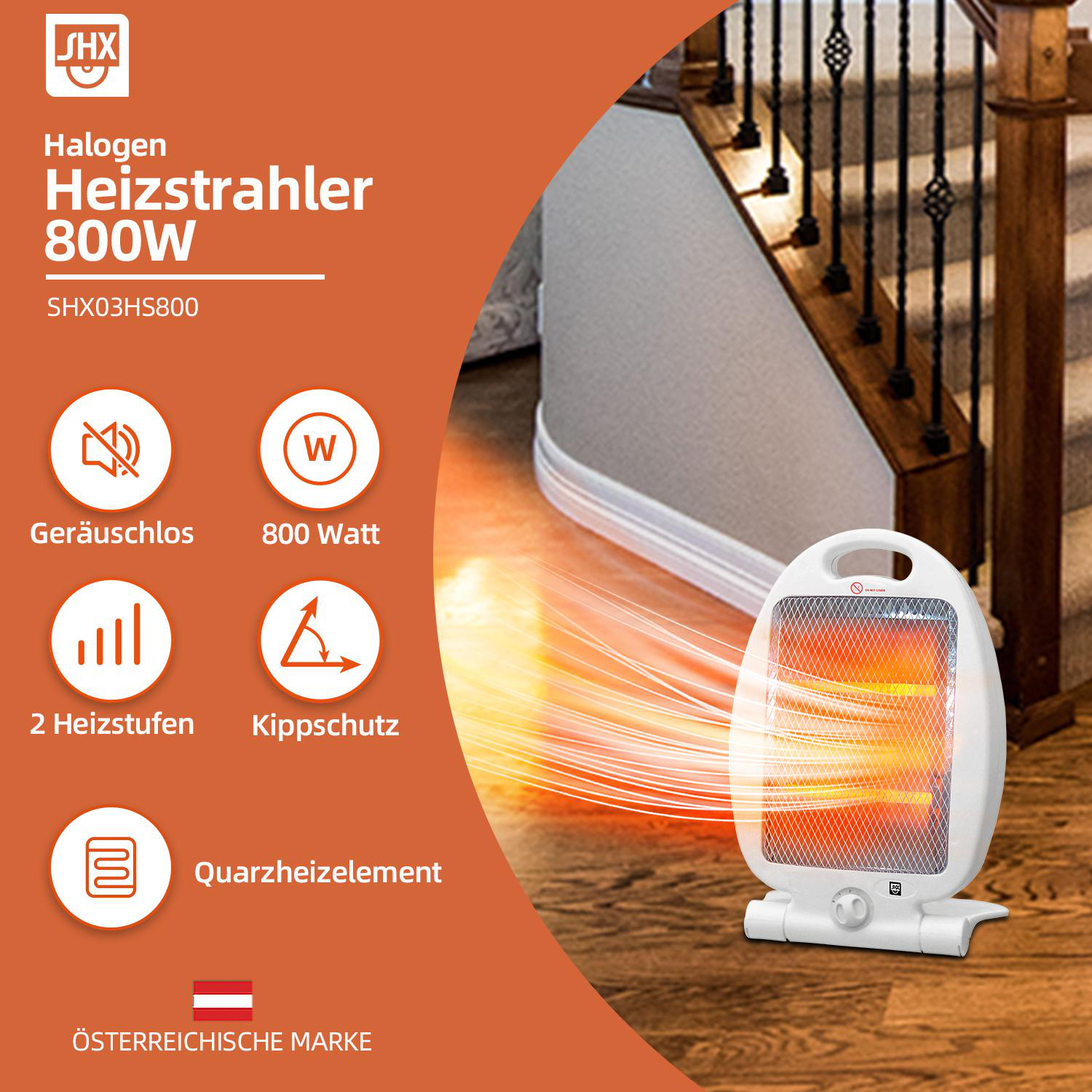 Weißer Halogenheizstrahler mit Symbolen, Treppe im Hintergrund und österreichischem Markenlogo auf Holz.