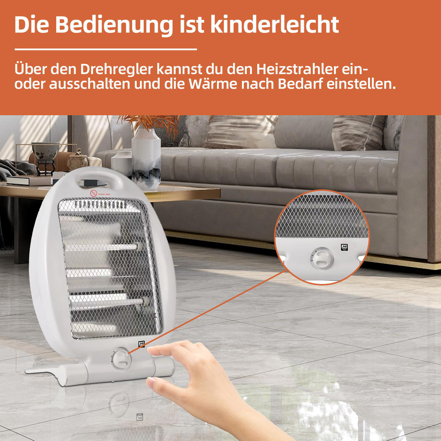Weiß-graue Elektroheizung. Eine Hand stellt die Bedienelemente ein, mit Text im Bild.