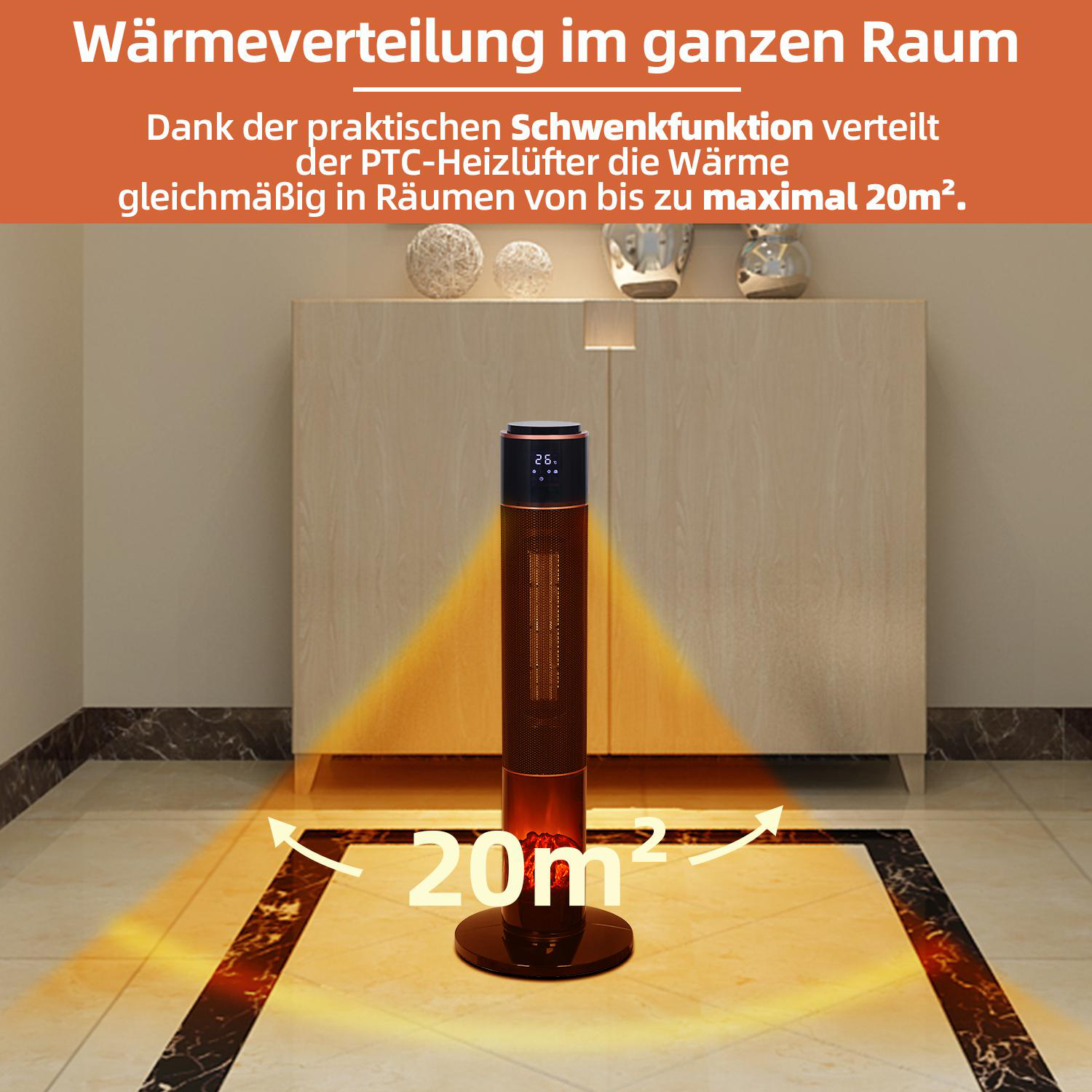 Hoher, brauner Heizlüfter mit Digitalanzeige, auf dem Boden, mit Richtungspfeilen.
