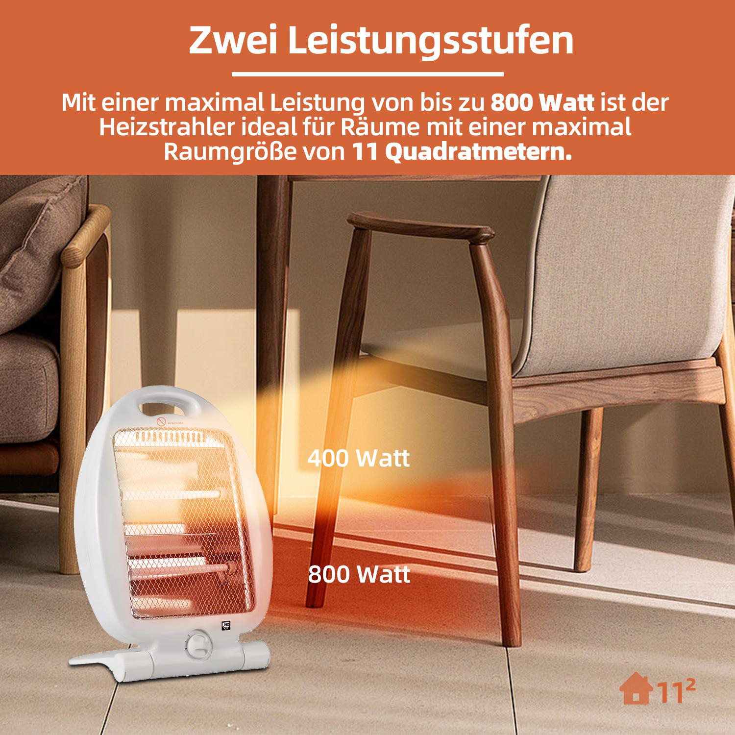 Weißer Elektroheizer mit rotem Glühelement, platziert neben einem Holztisch und Stuhl.