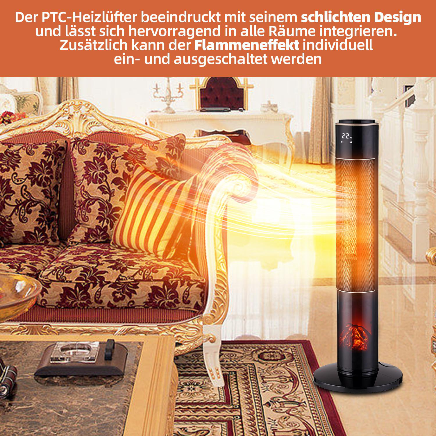 Ein schwarzer und roter Elektroheizer. Ein Flammeneffekt ist sichtbar.