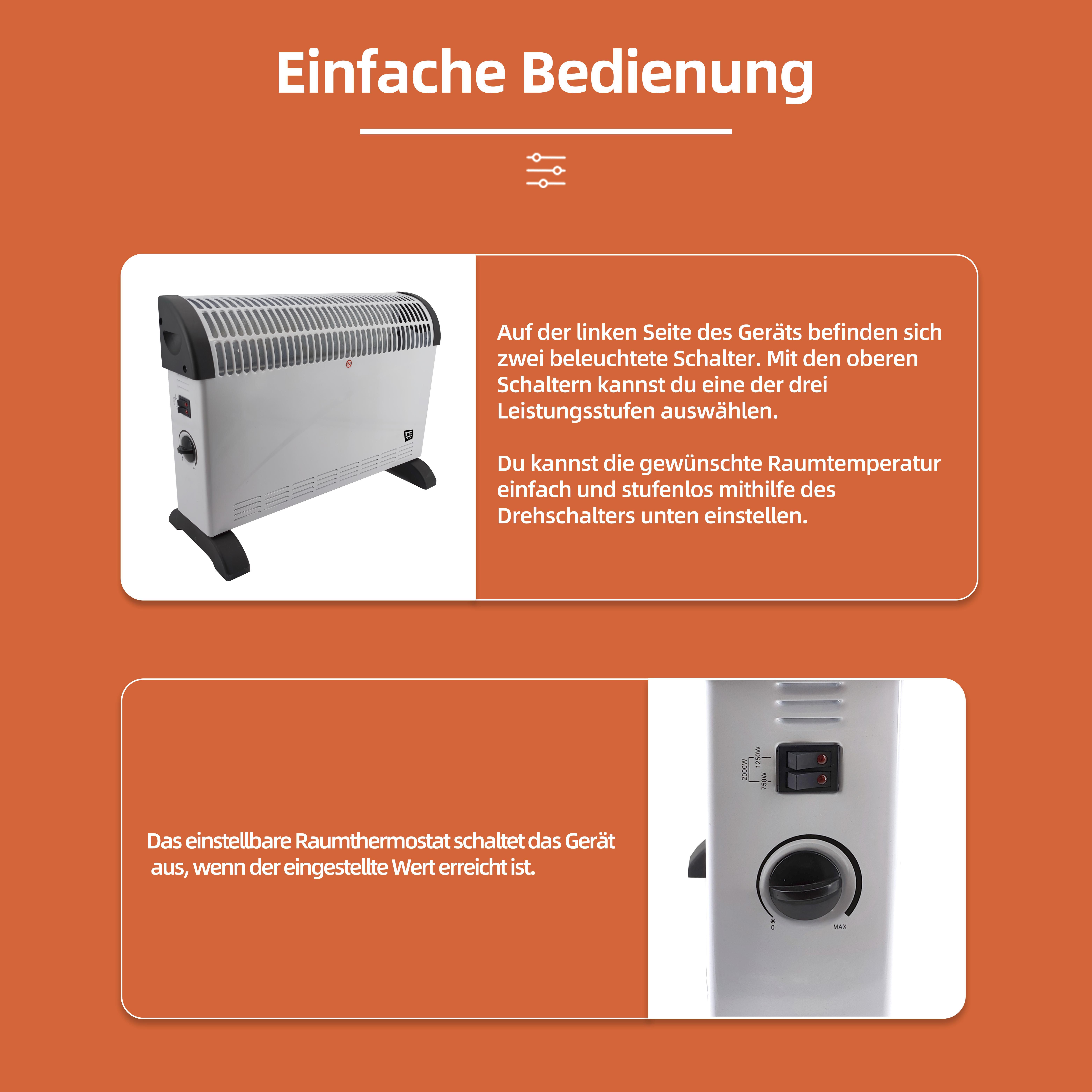 Bilder auf orangefarbenem Hintergrund mit Text, die Produktmerkmale und Bedienelemente zeigen.