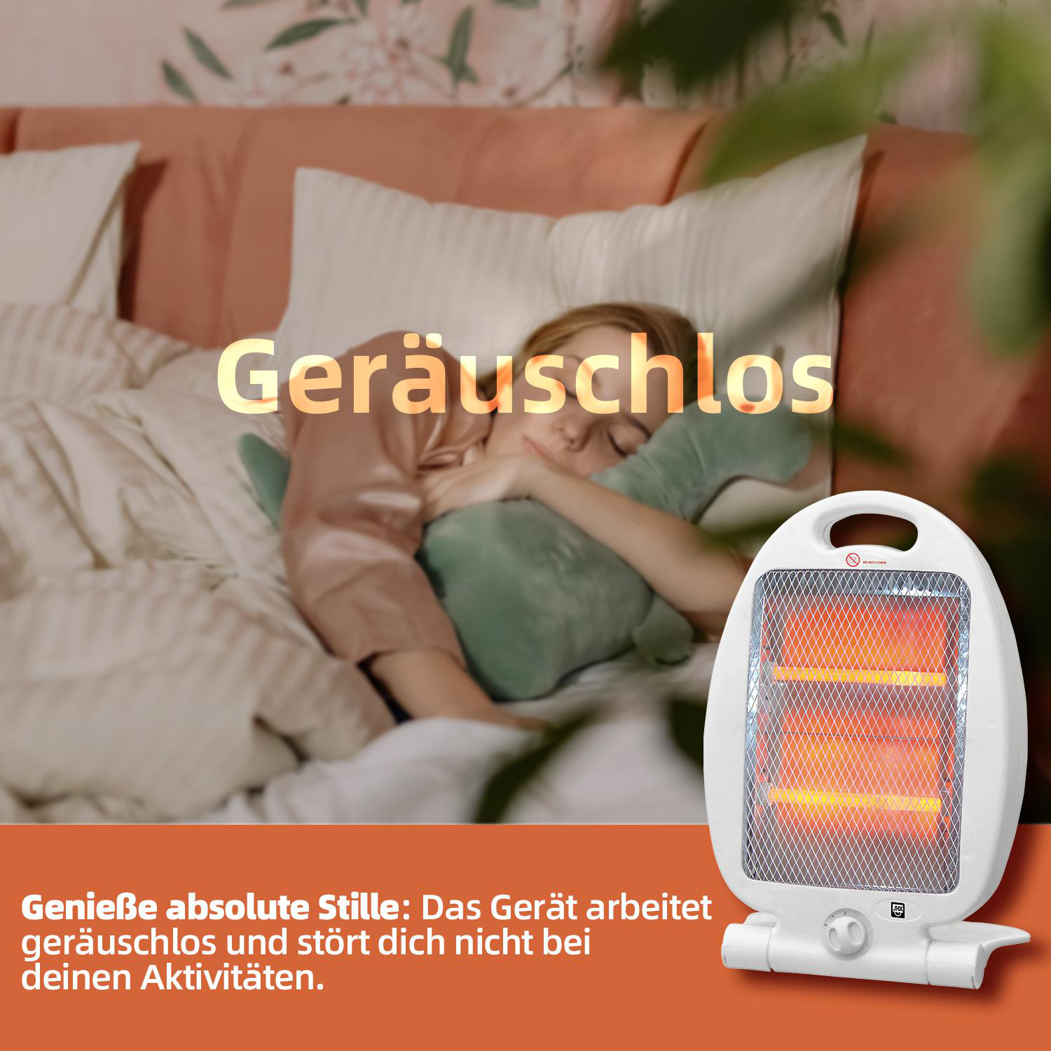 Eine Person schläft im Bett, im Vordergrund steht eine Heizung.