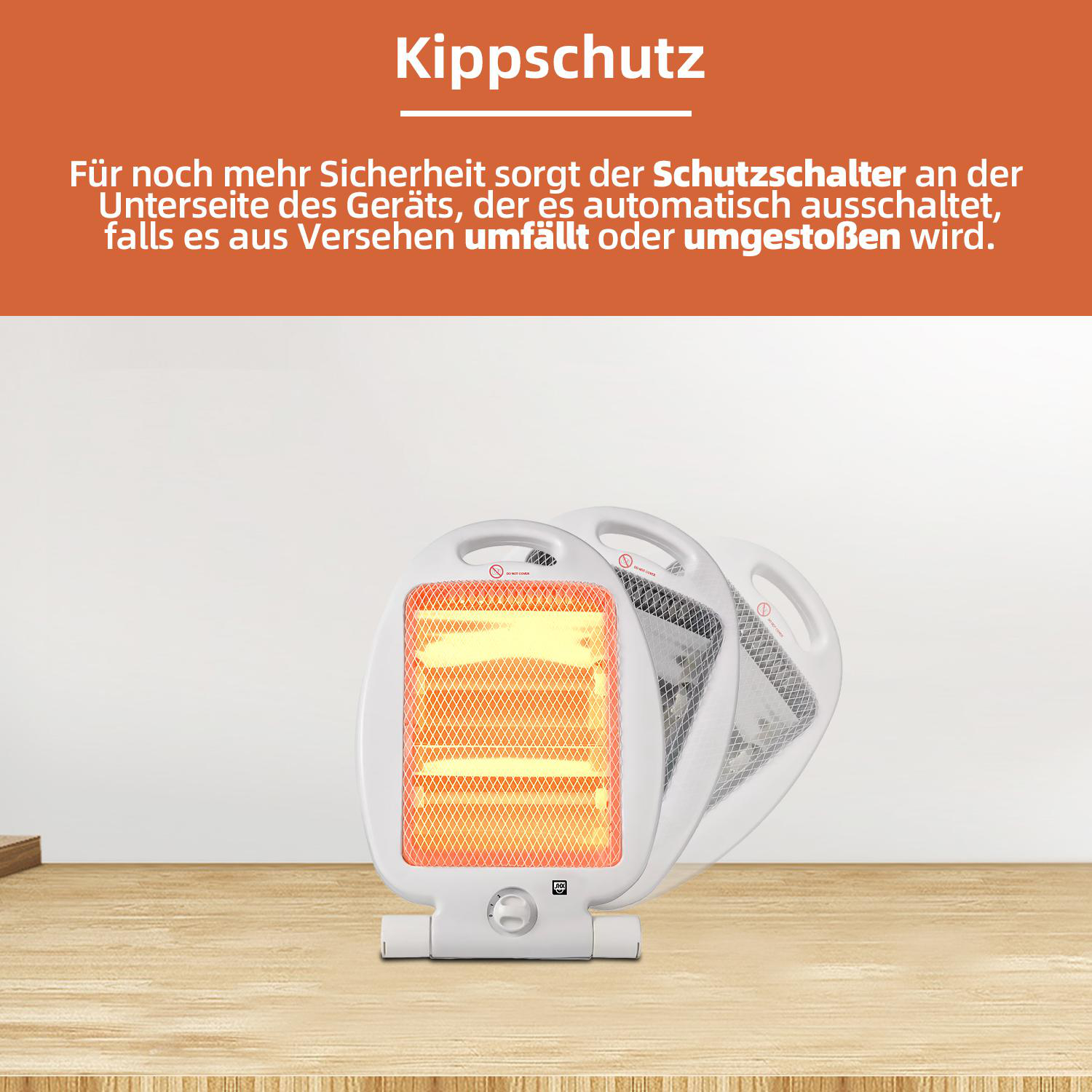 Weißer Heizlüfter mit Sicherheitsfunktion.