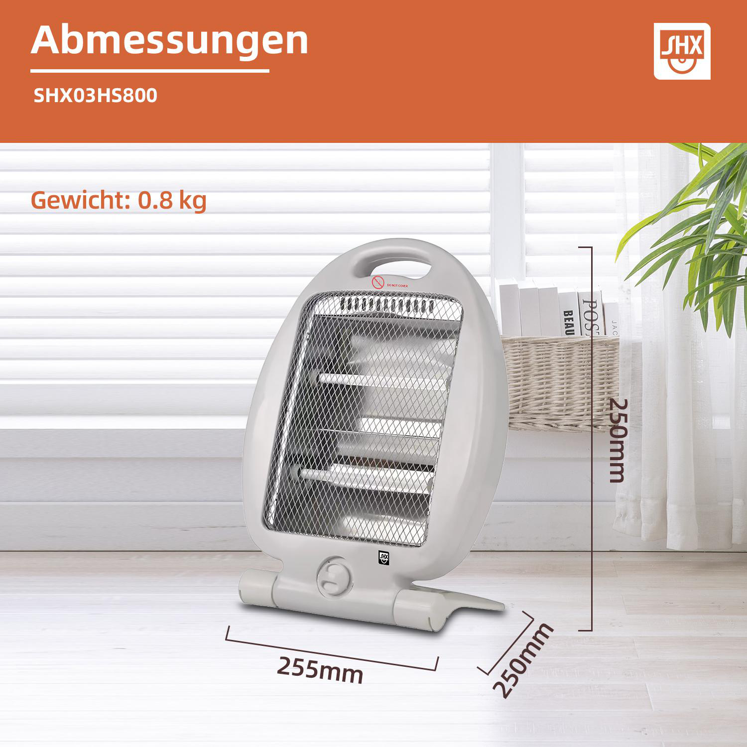 Ein weißer Heizlüfter mit silbernem Grill und Abmessungen.