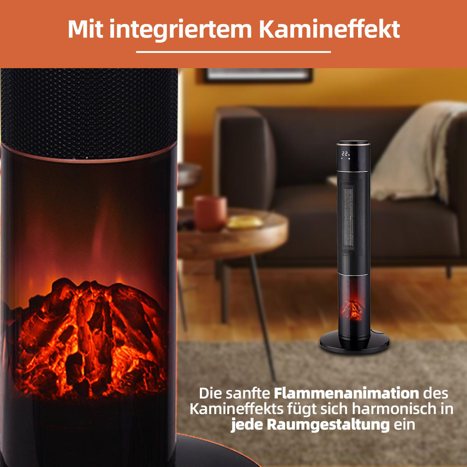 Schwarzer Elektrokamin mit Flammeneffekt, in einem Wohnzimmer.