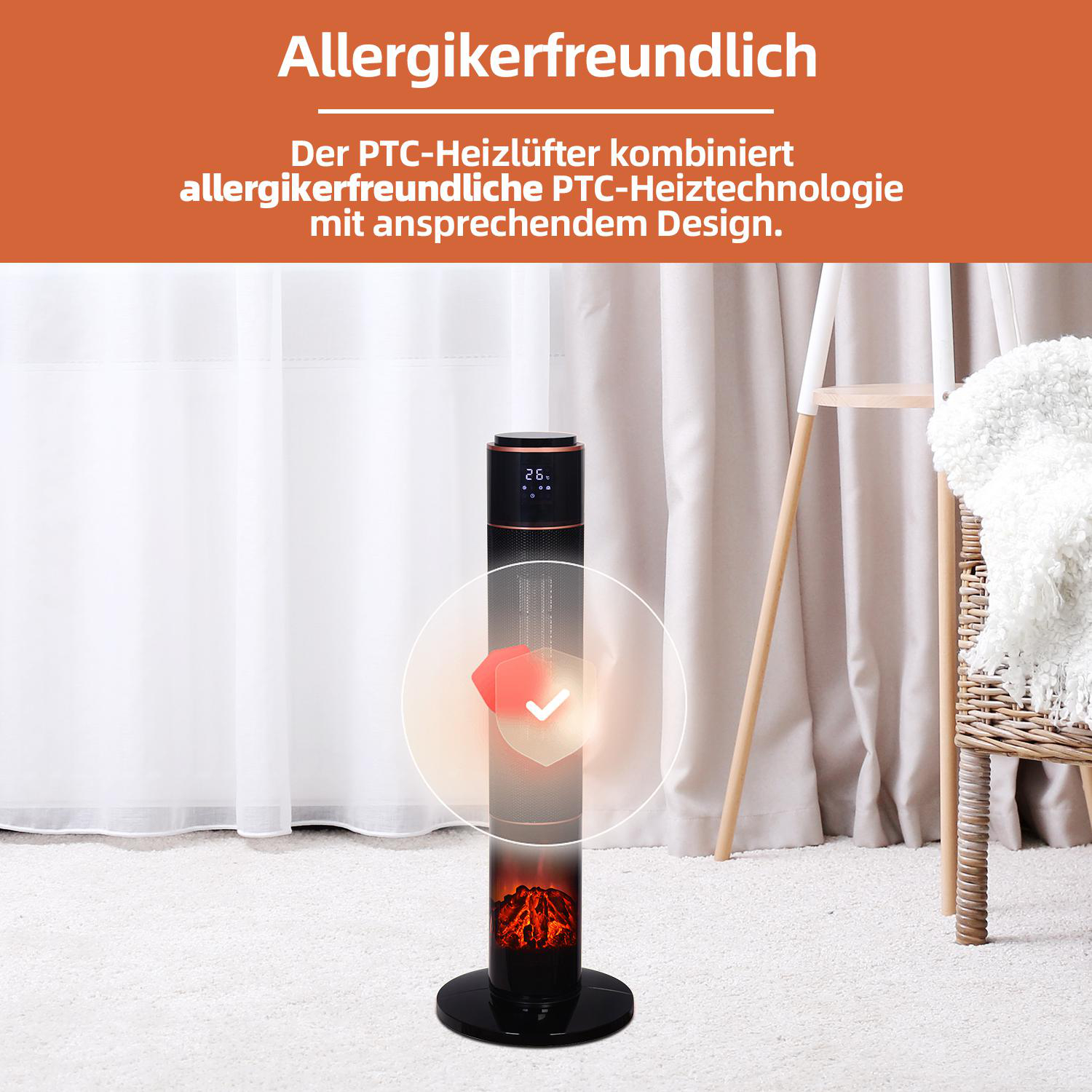 Ein schwarzer und roter Heizlüfter mit einem roten Häkchen davor. Text steht darüber.
