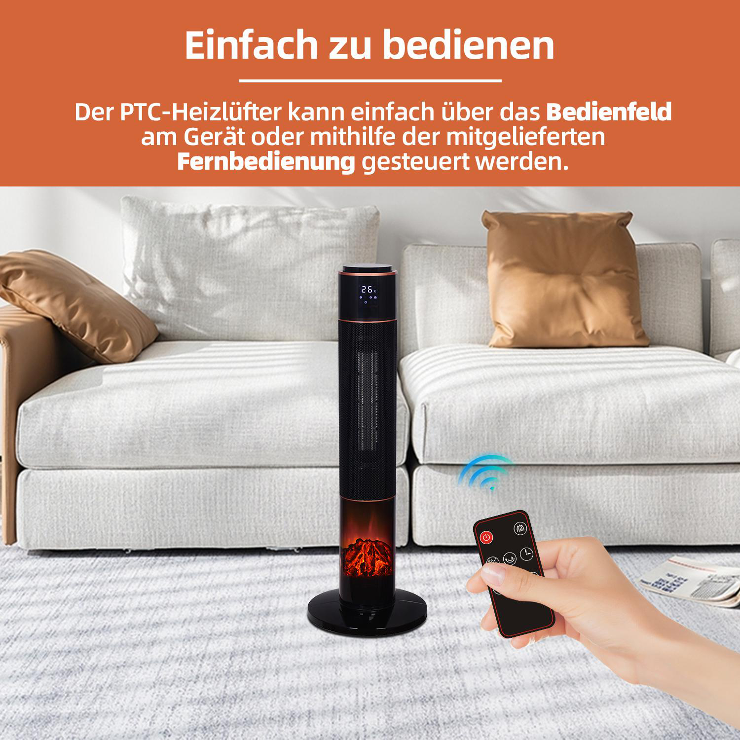Schwarzer Heizlüfter mit rotem Flammeneffekt, Fernbedienung in der Hand, Sofa im Hintergrund.