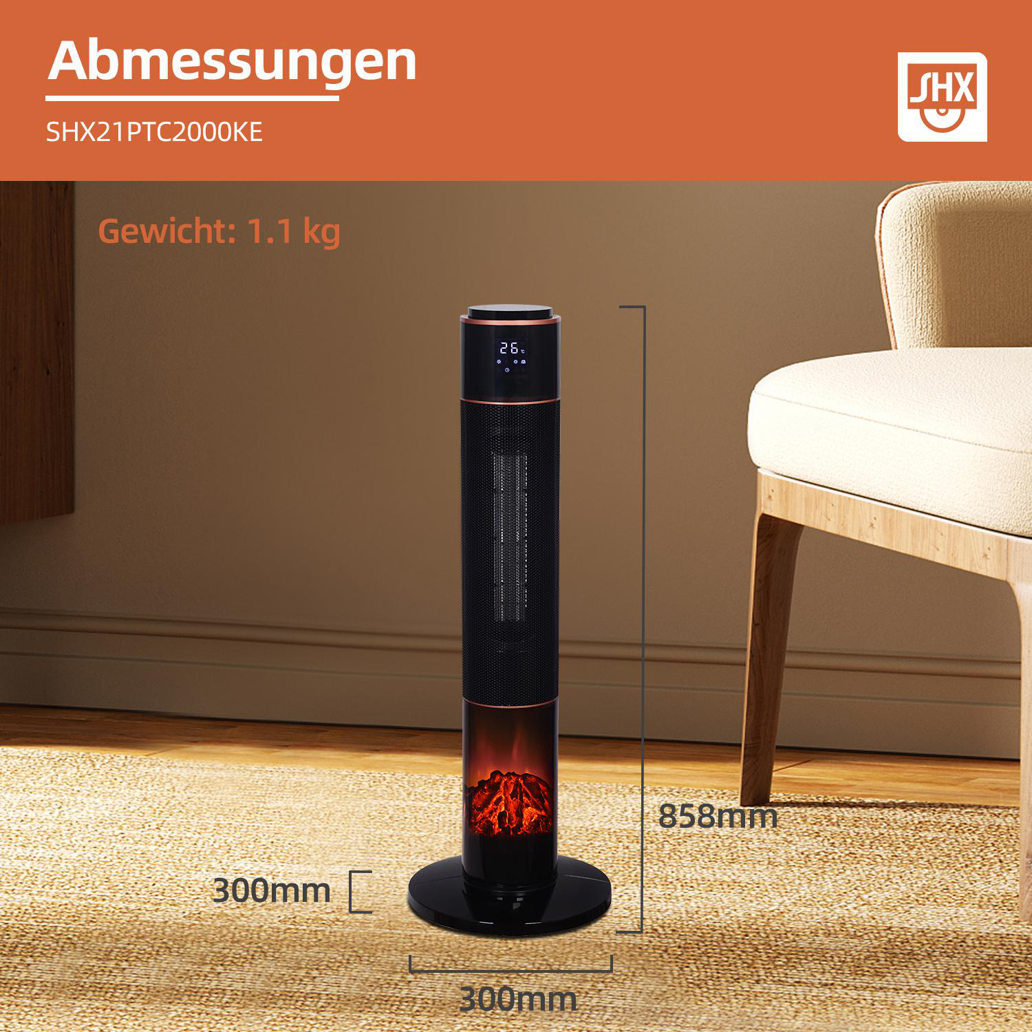 Schwarzer und roter elektrischer Kamin mit Maßangaben.