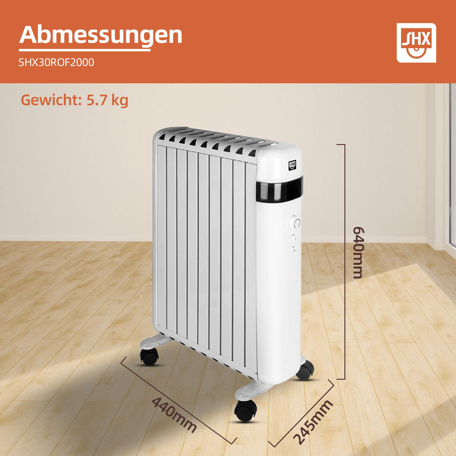 Eine weiße elektrische Heizung mit Abmessungen und Logo. Weißer Hintergrund.