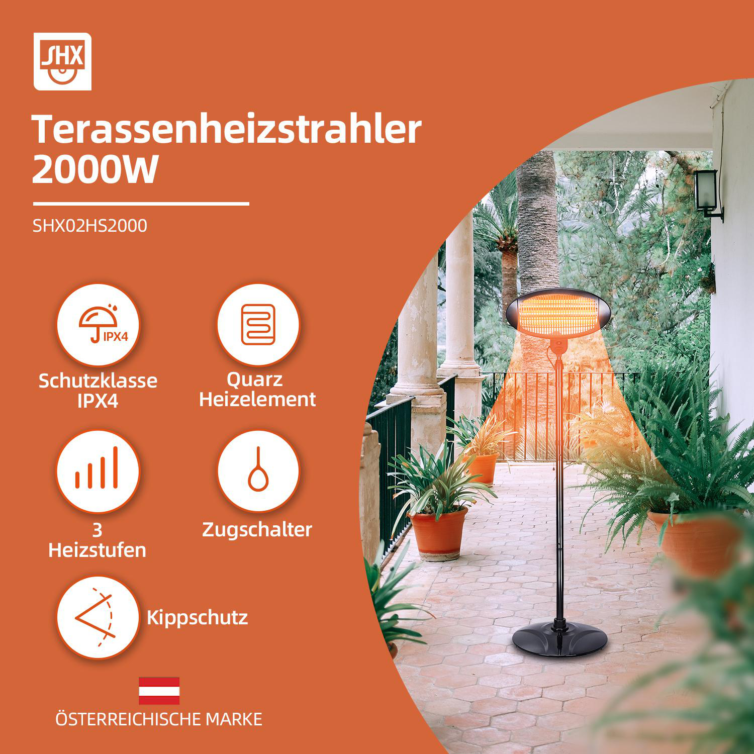 Ein Terrassenheizstrahler mit 2000W, IPX4 Schutz, Quarzheizelement, 3 Stufen.