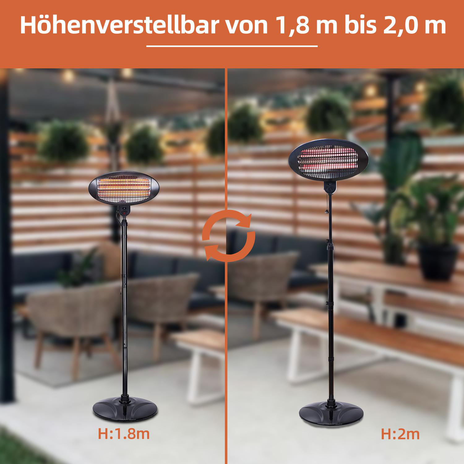 Ein Heizstrahler auf einem Stativ, einmal auf 1,8 m und einmal auf 2 m Höhe.