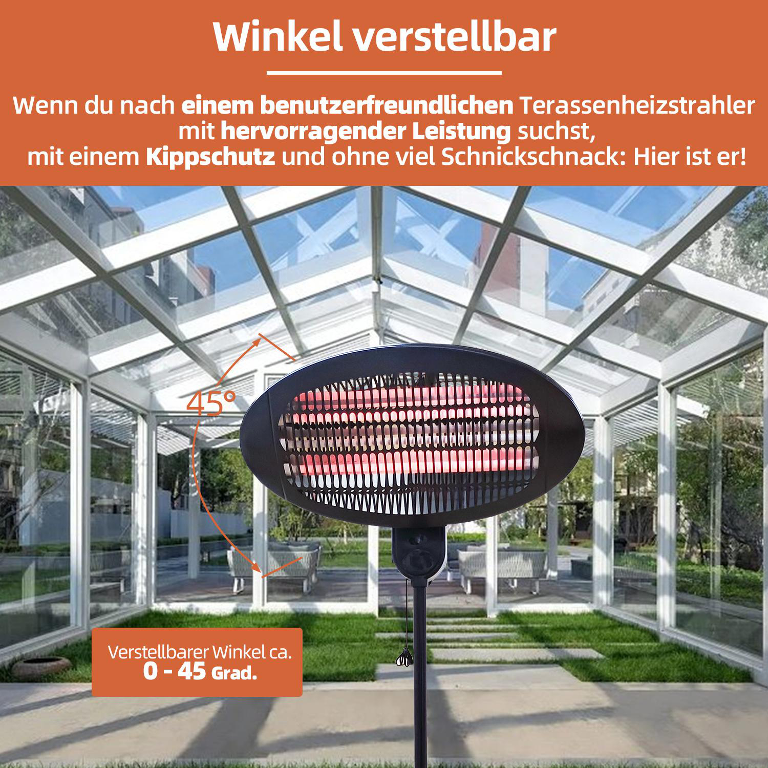 Ein schwarzer Terrassenheizer mit verstellbarem Winkel steht in einem Wintergarten.