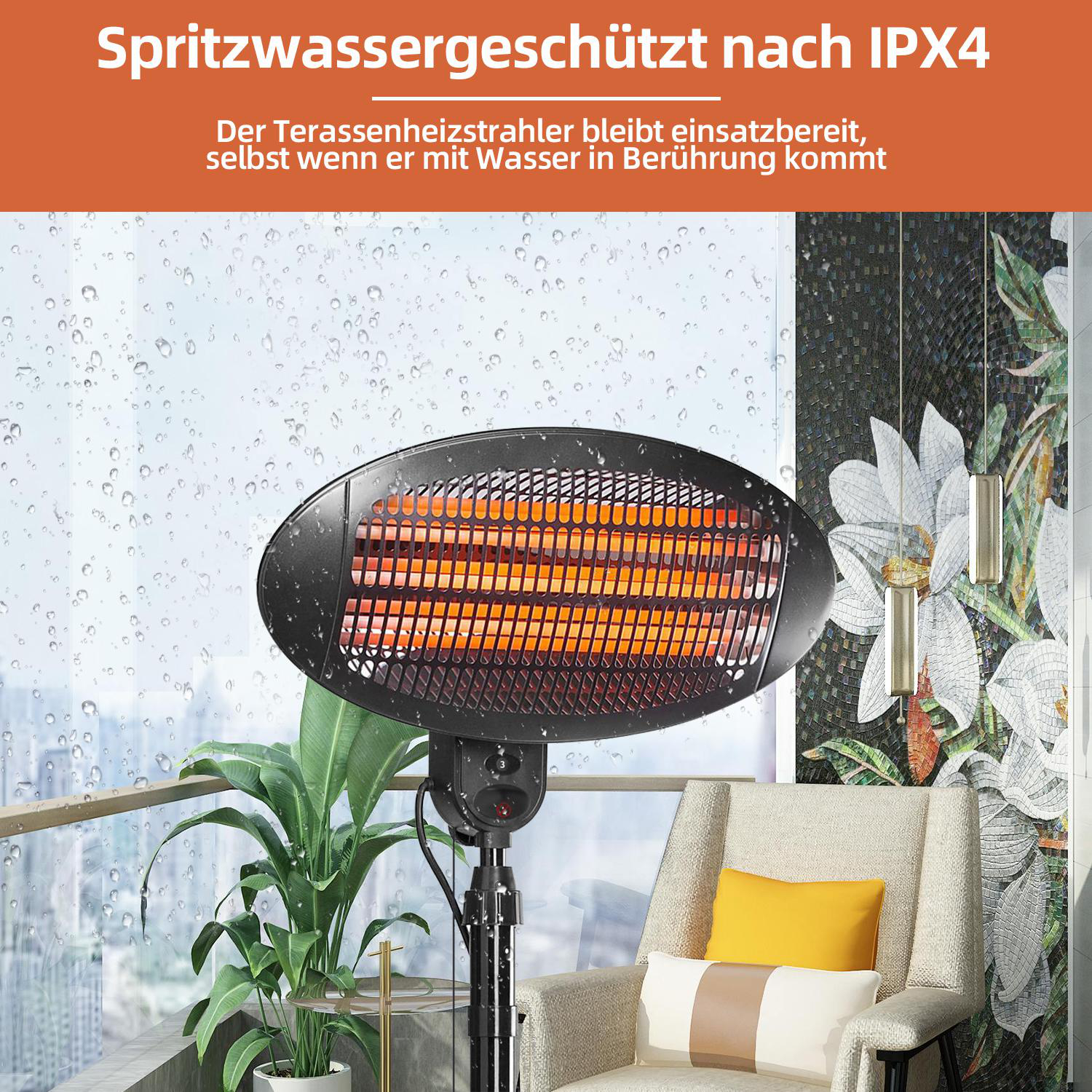 Ein Heizstrahler mit roten Heizstäben steht auf einem Balkon im Regen.