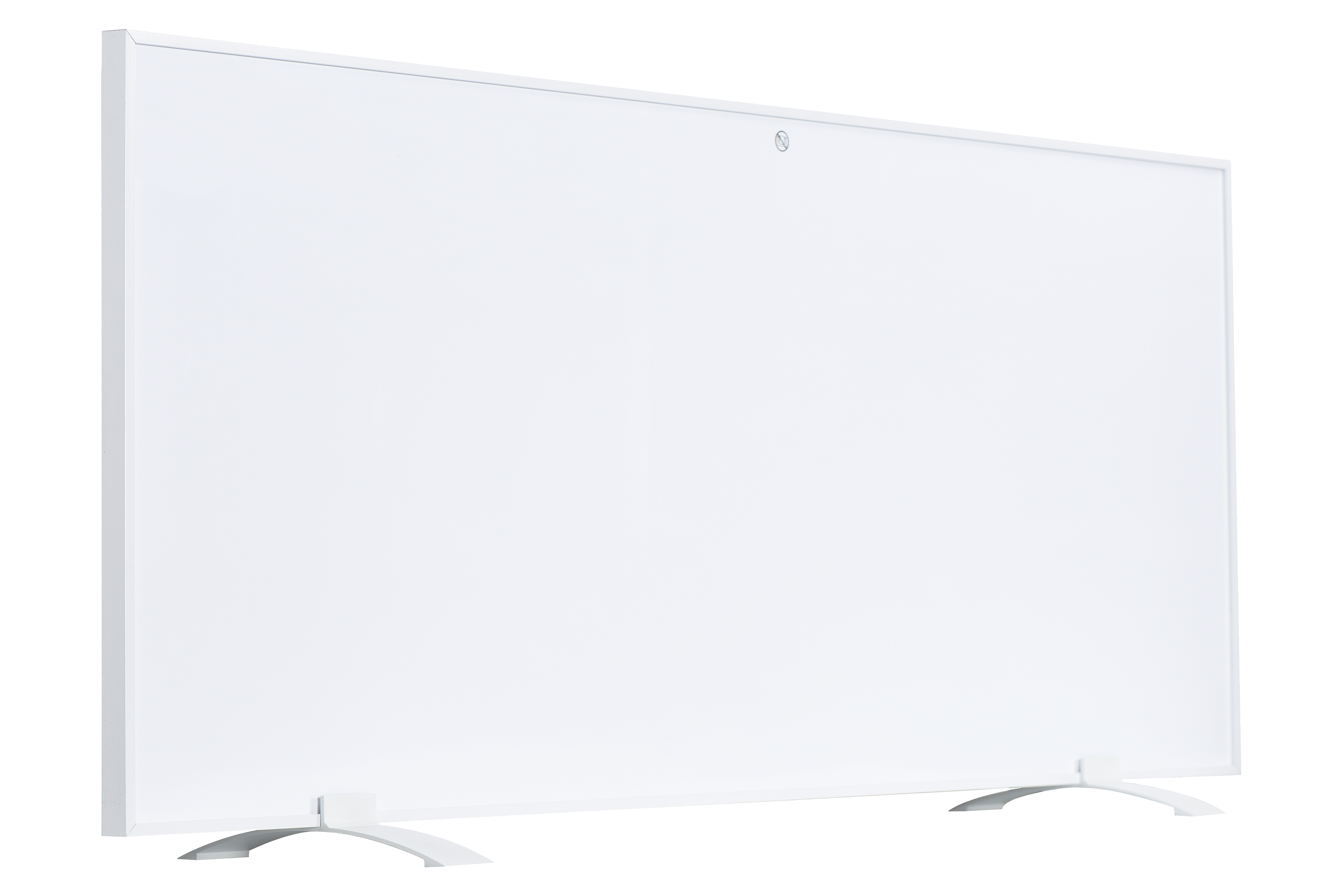 Weißes Heizpaneel mit gebogenen Beinen, mit einem kleinen Bedienknopf oben.