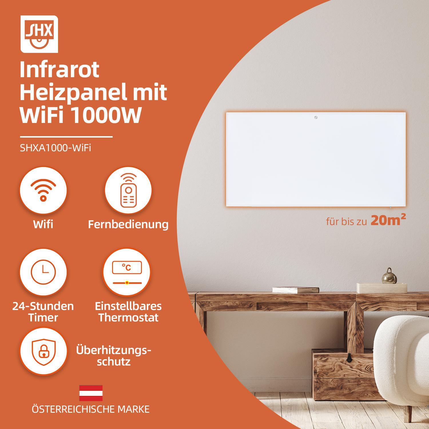 Ein weißer Heizkörper mit weißem Rahmen und orangefarbenem Hintergrund, mit Symbolen und Text.